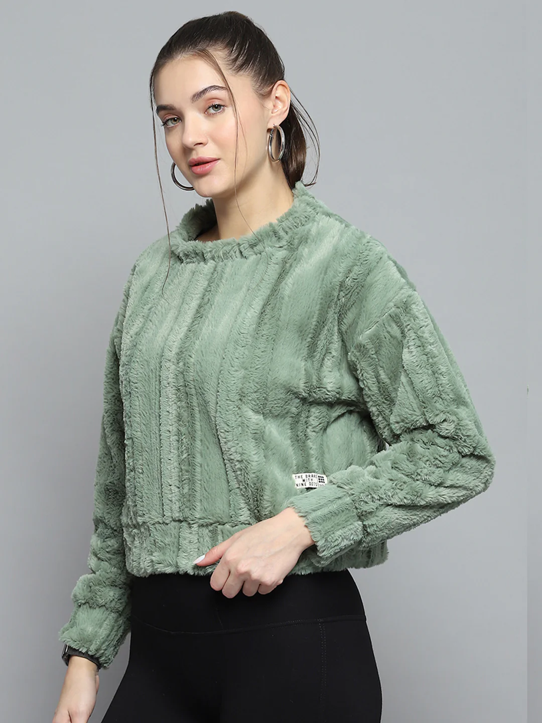 Rock.it Women Green Solid Round Neck Full Sleeve Sweatshirt - Image 3