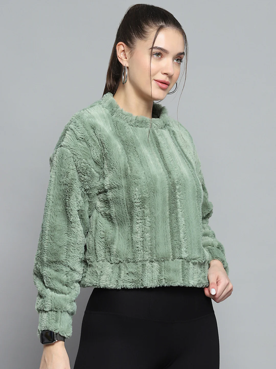 Rock.it Women Green Solid Round Neck Full Sleeve Sweatshirt - Image 4