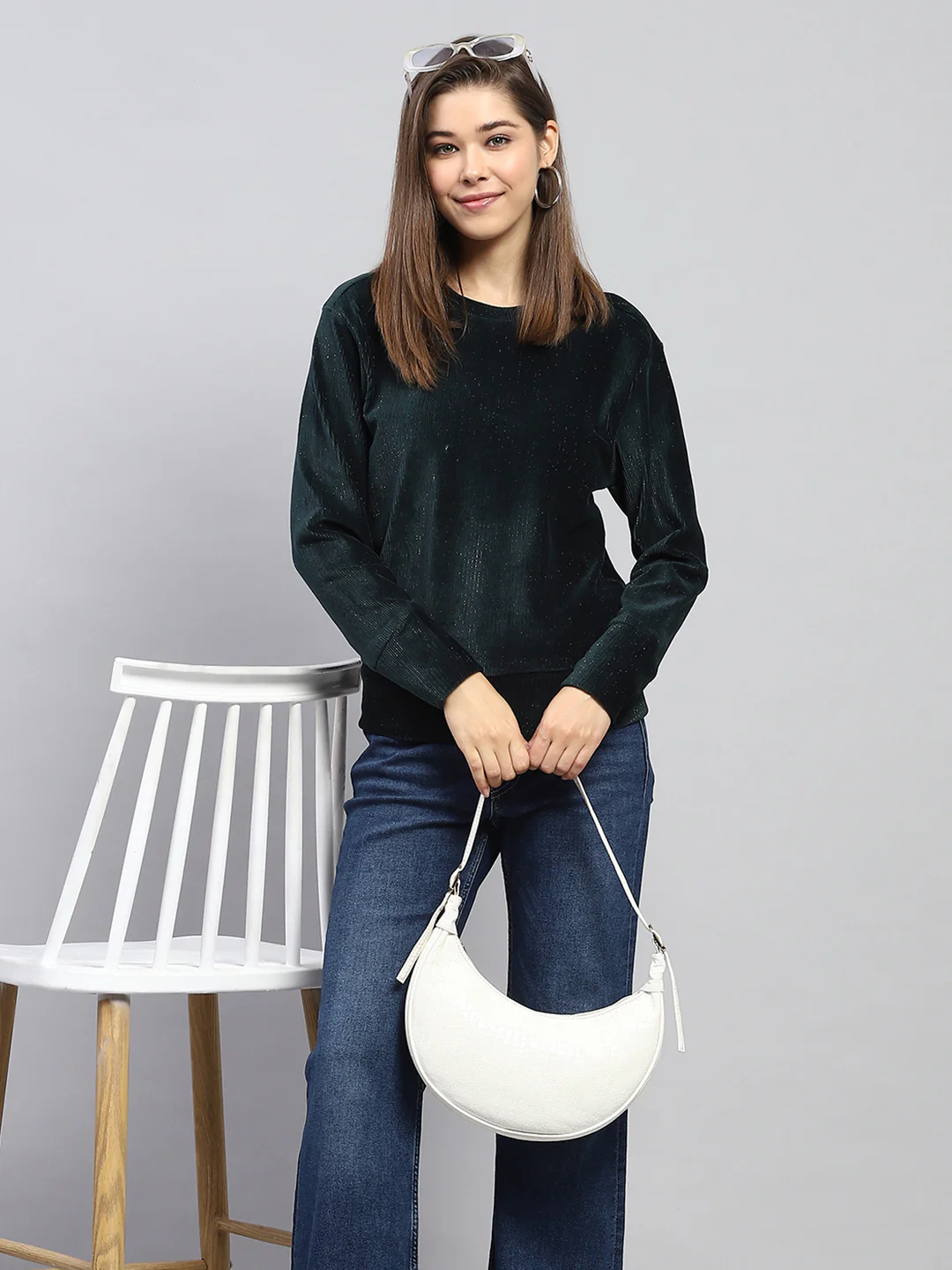 Women Green Solid Round Neck Full Sleeve Sweatshirt - Image 6