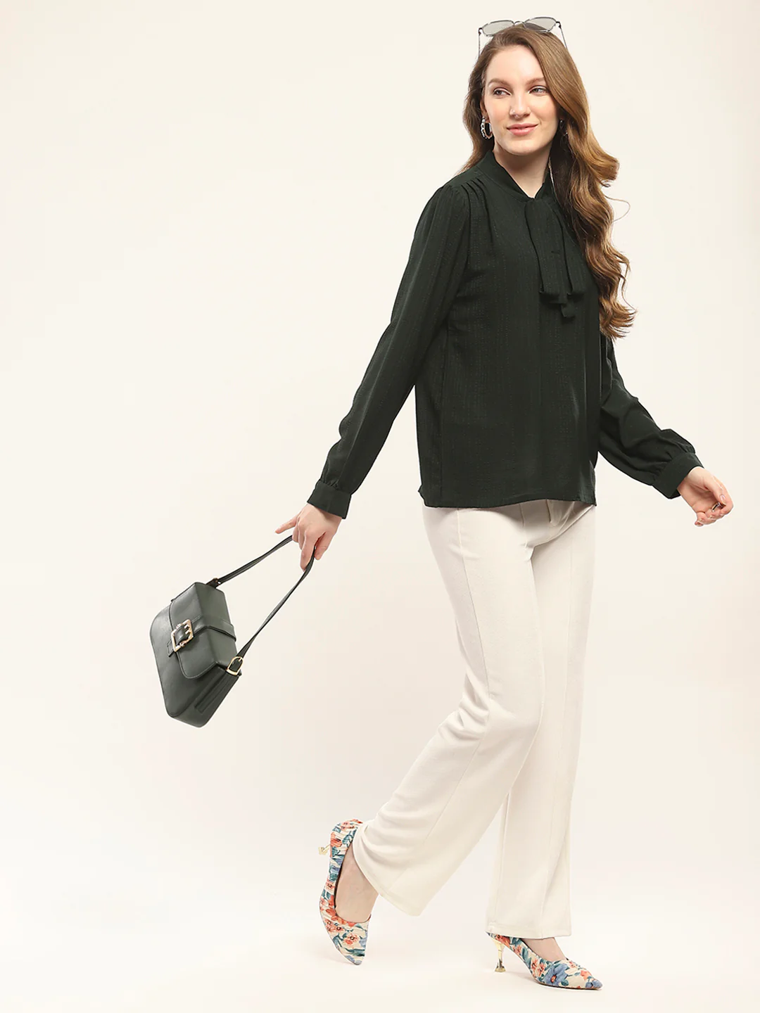 Women Green Solid Round Neck Full Sleeve Winte Top - Image 2