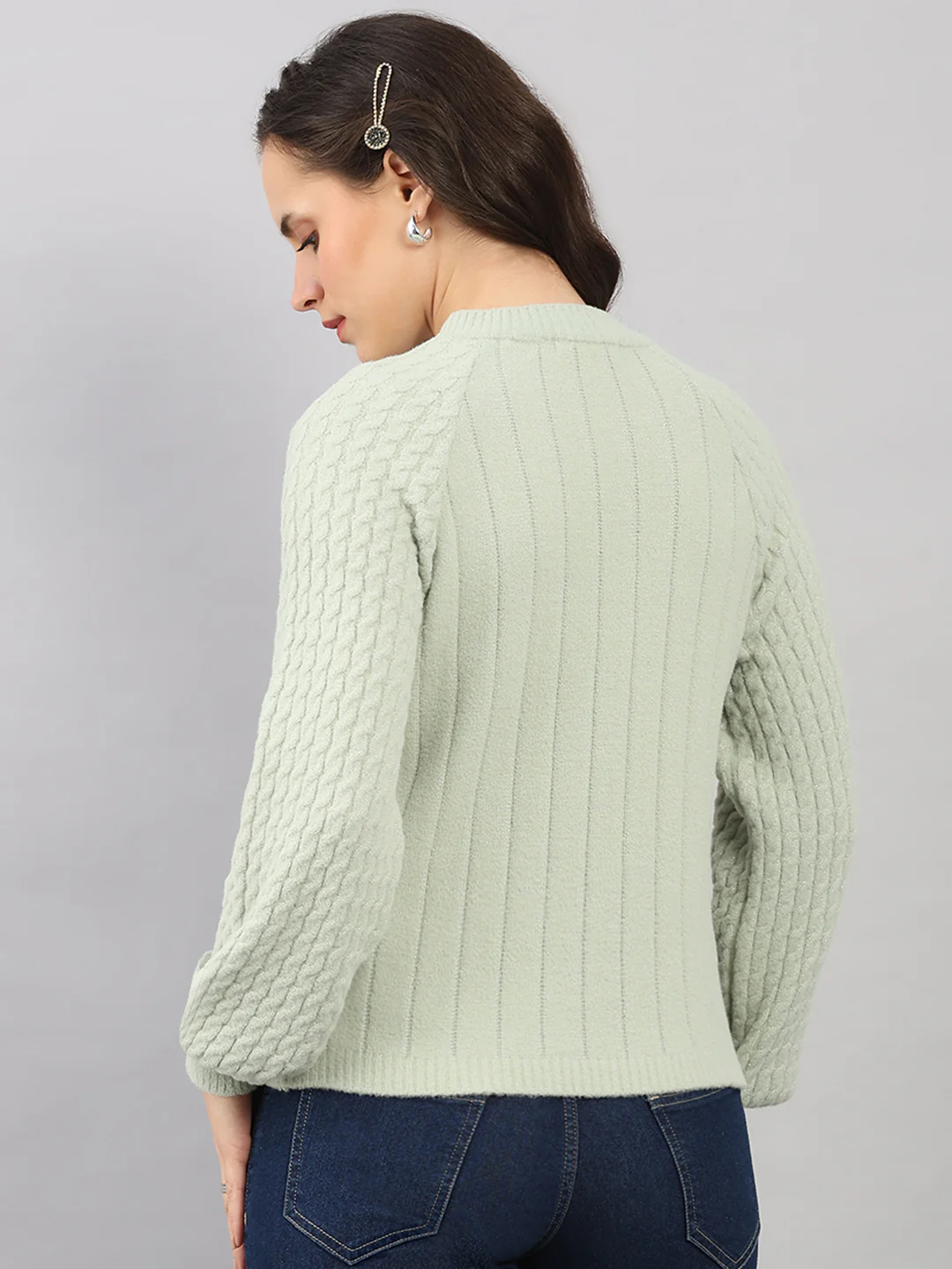 Women Green Solid Round Neck Full Sleeve Winter Top - Image 5