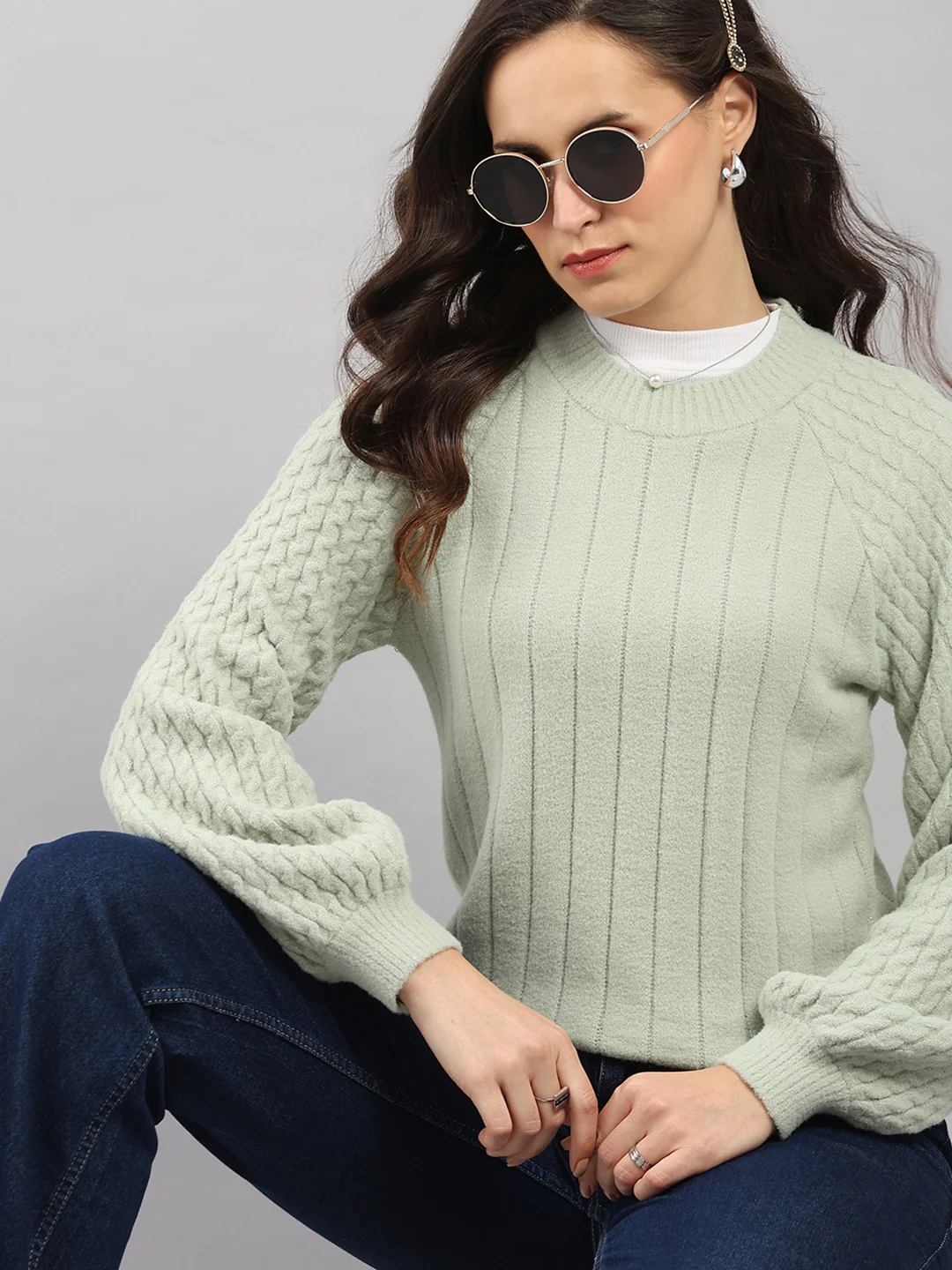 Women Green Solid Round Neck Full Sleeve Winter Top - Image 6