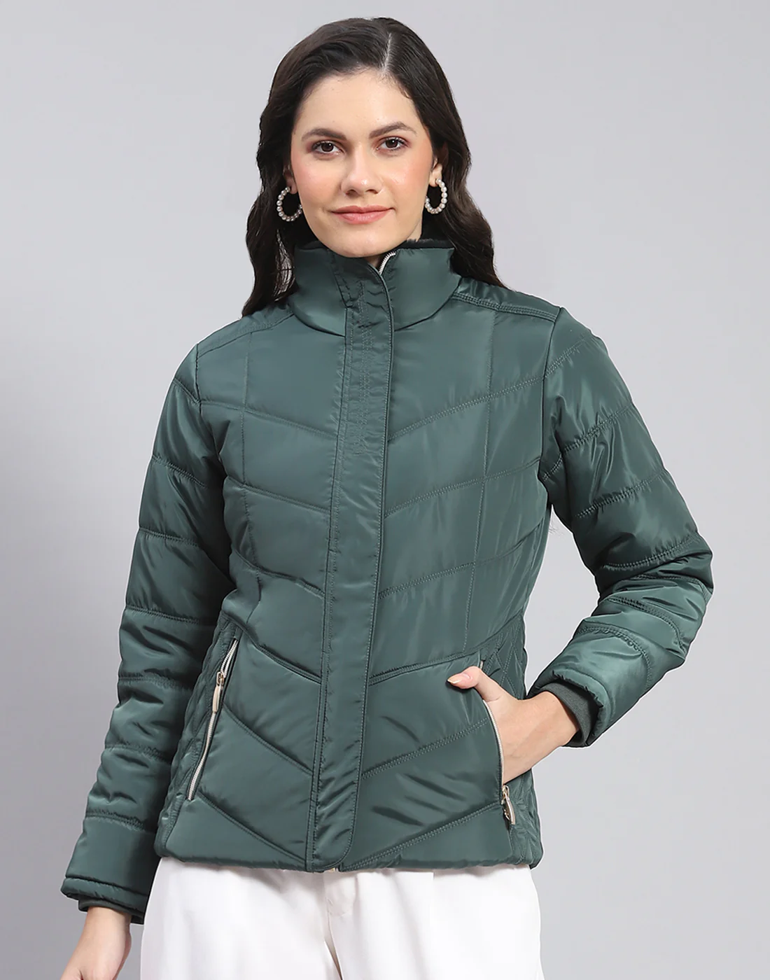 Women Green Solid Stand Collar Full Sleeve Jacket - Image 3