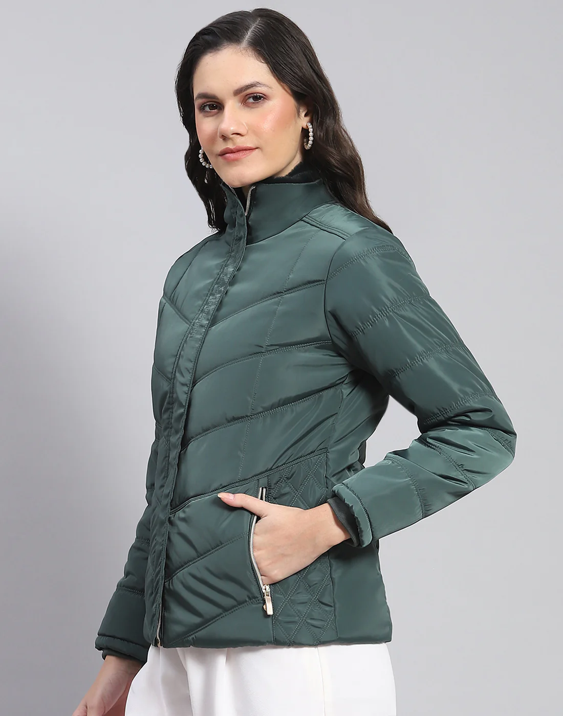 Women Green Solid Stand Collar Full Sleeve Jacket - Image 4