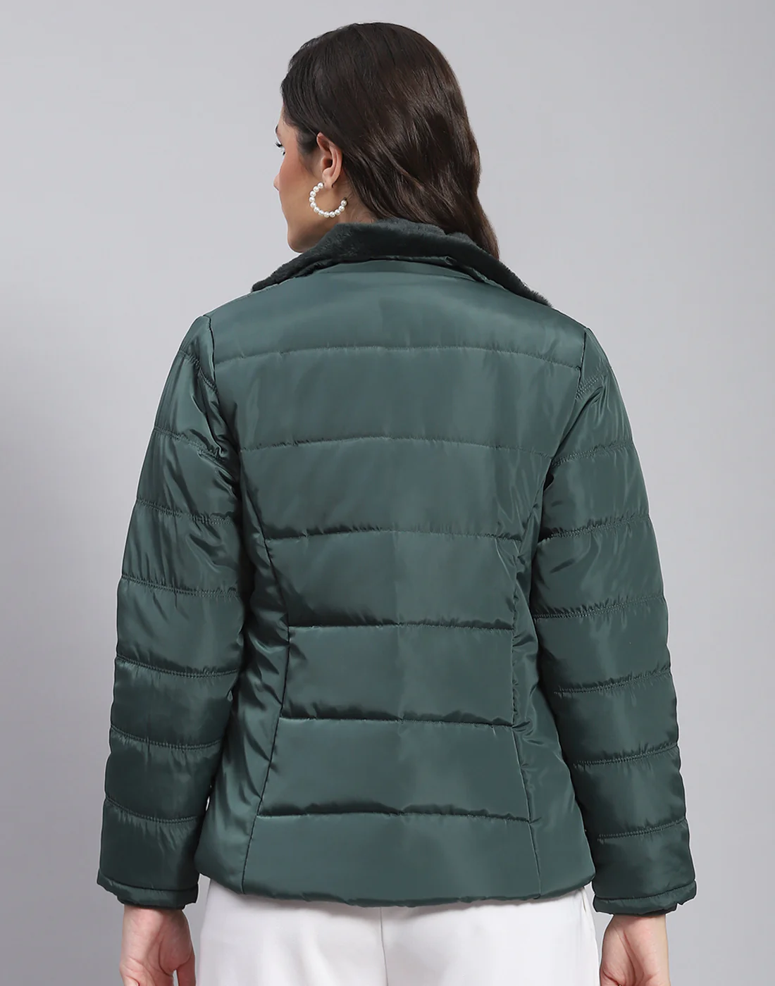 Women Green Solid Stand Collar Full Sleeve Jacket - Image 5