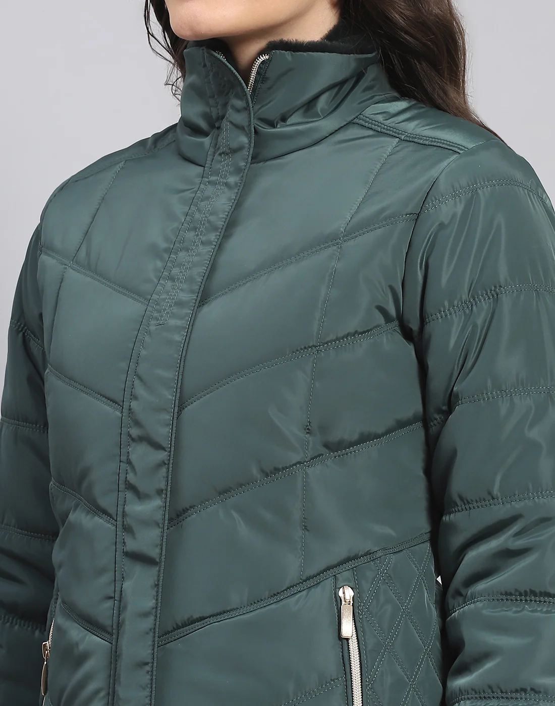 Women Green Solid Stand Collar Full Sleeve Jacket - Image 6