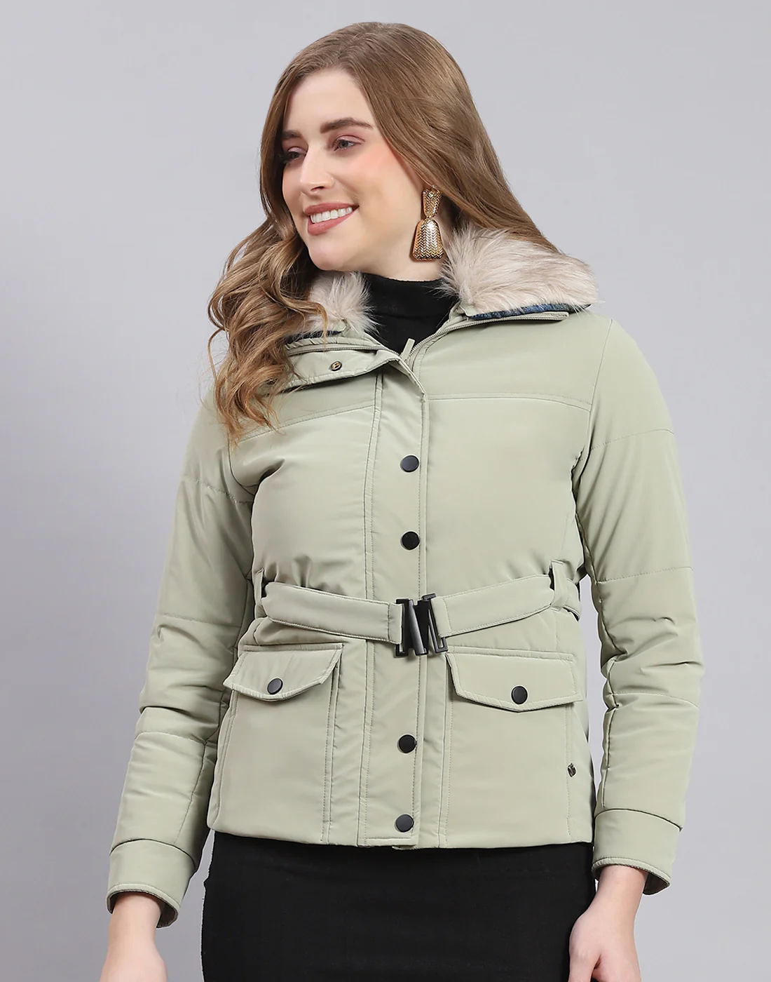 Women Green Solid Stand Collar Full Sleeve Jacket - Image 2