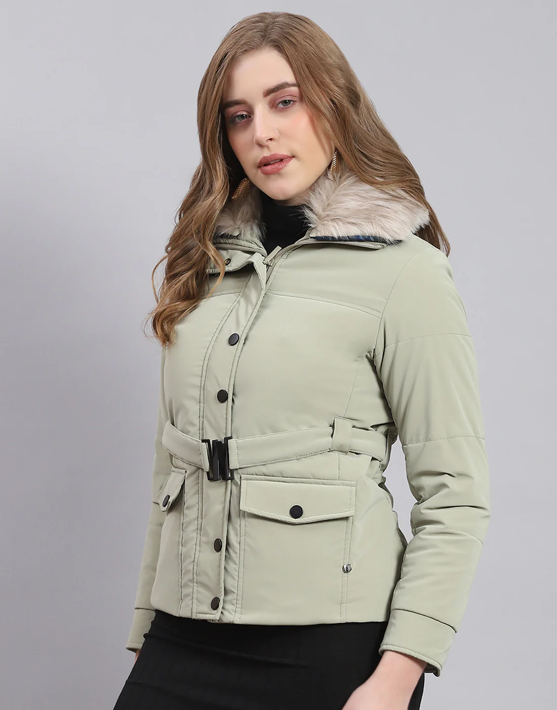 Women Green Solid Stand Collar Full Sleeve Jacket - Image 3