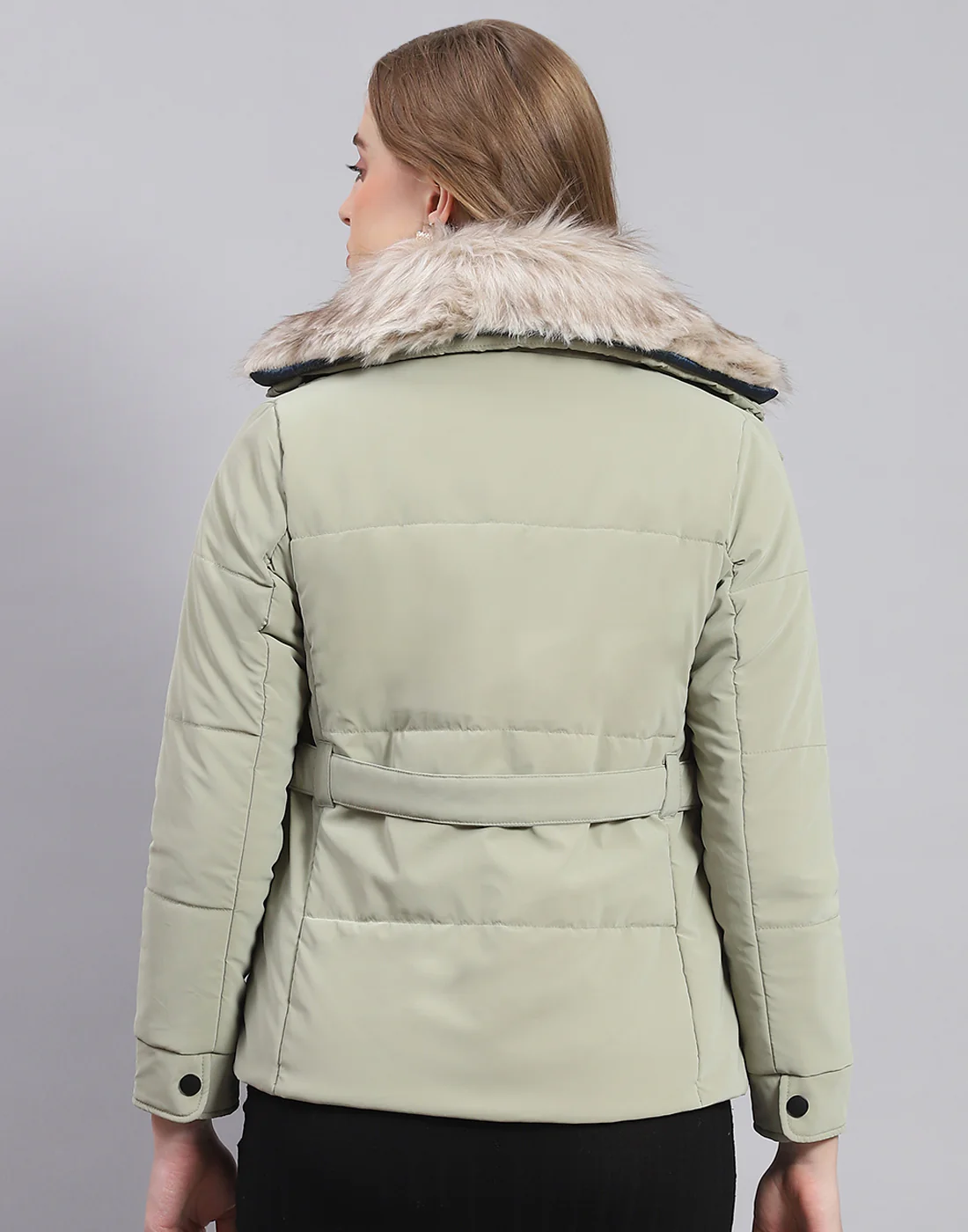 Women Green Solid Stand Collar Full Sleeve Jacket - Image 5