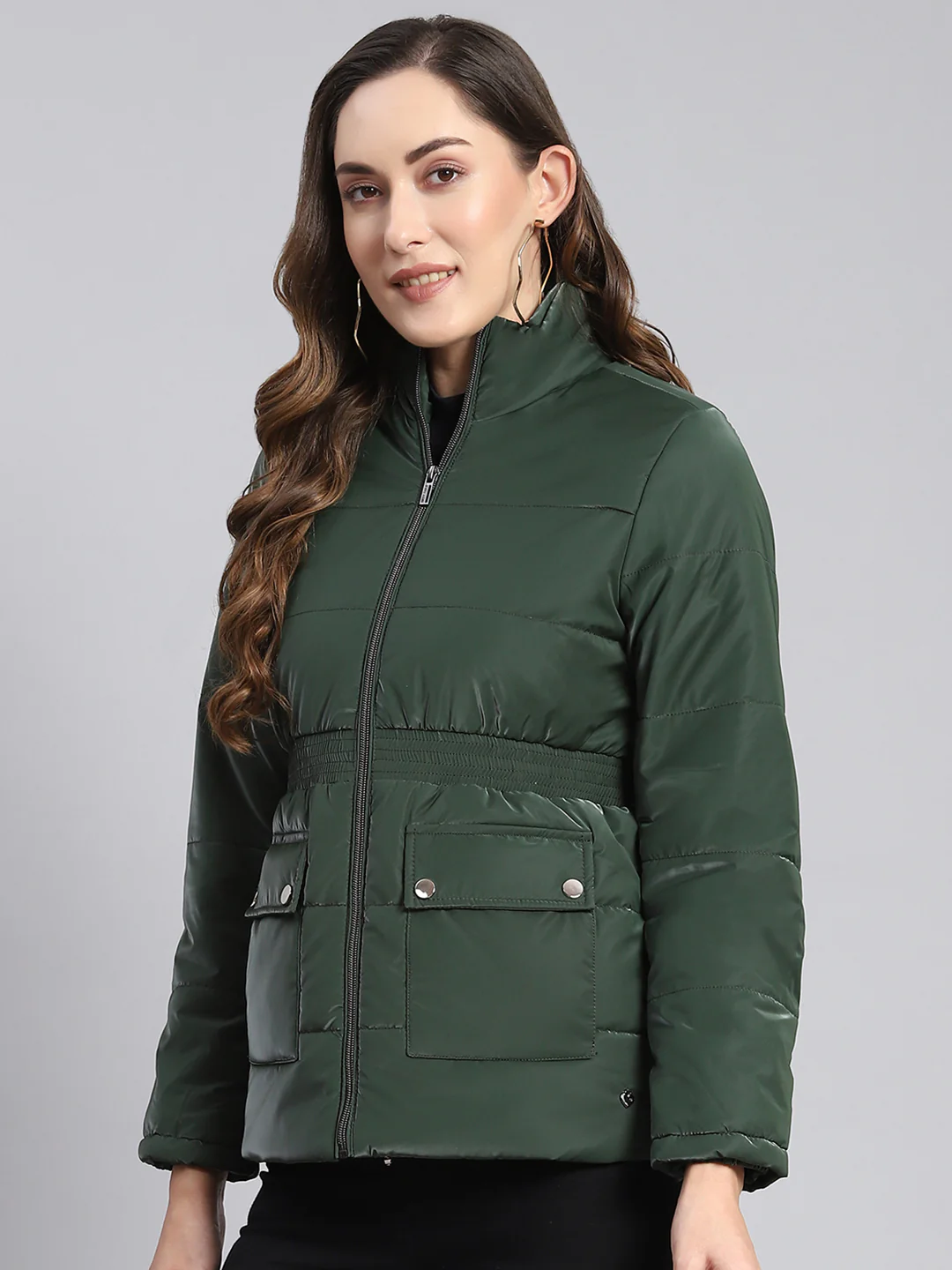 Women Green Solid Stand Collar Full Sleeve Jackets - Image 4