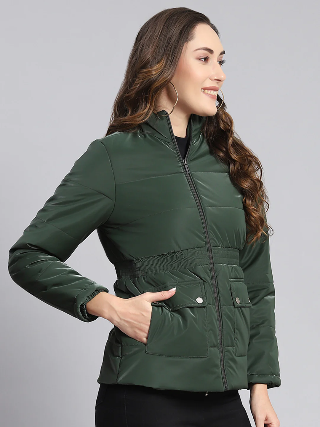 Women Green Solid Stand Collar Full Sleeve Jackets - Image 5
