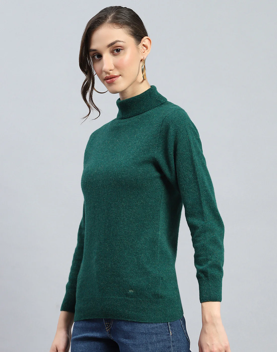 Women Green Solid Turtle Neck Full Sleeve Winter Top - Image 3