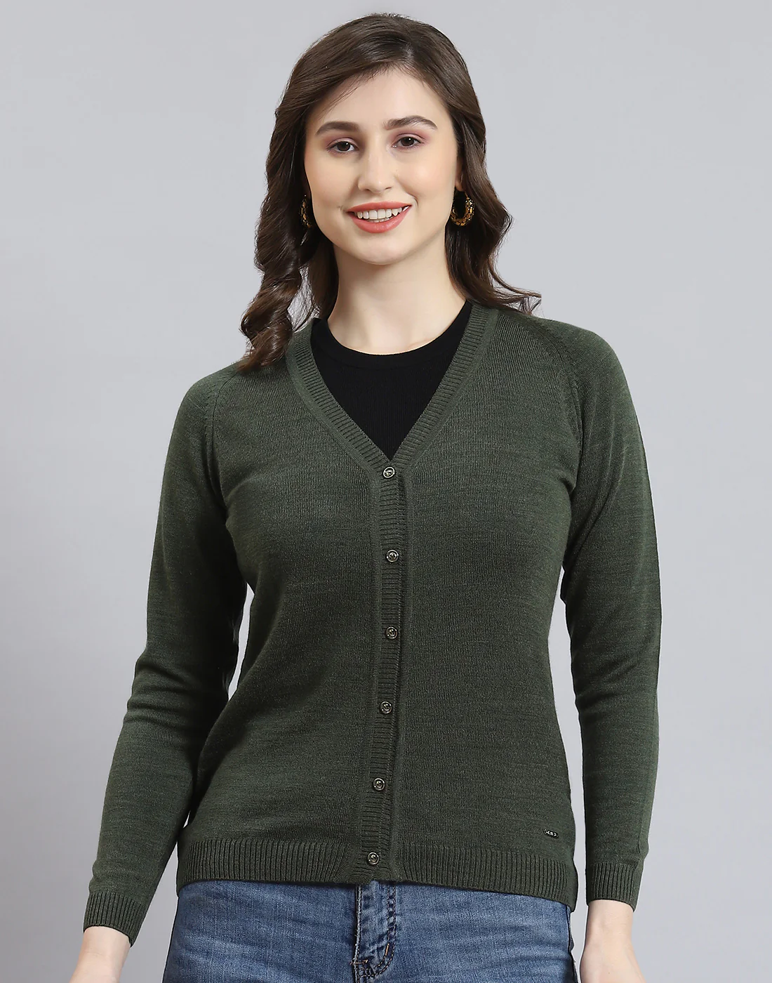 Women Green Solid V Neck Full Sleeve Cardigan - Image 2