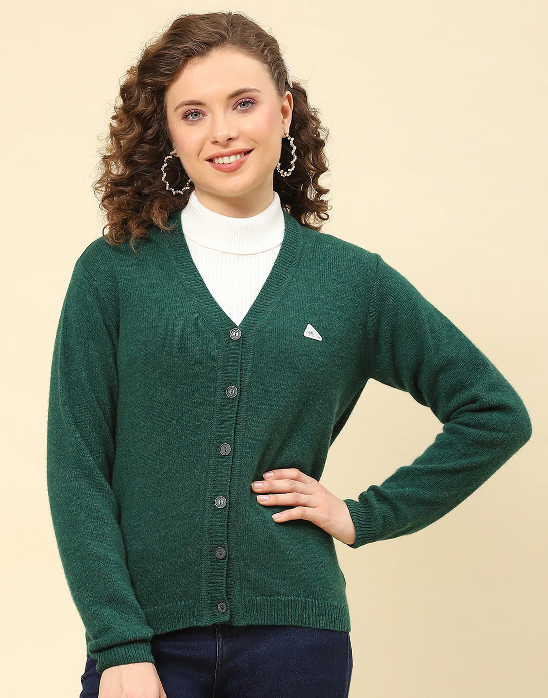 Women Green Solid V Neck Full Sleeve Cardigan - Image 2