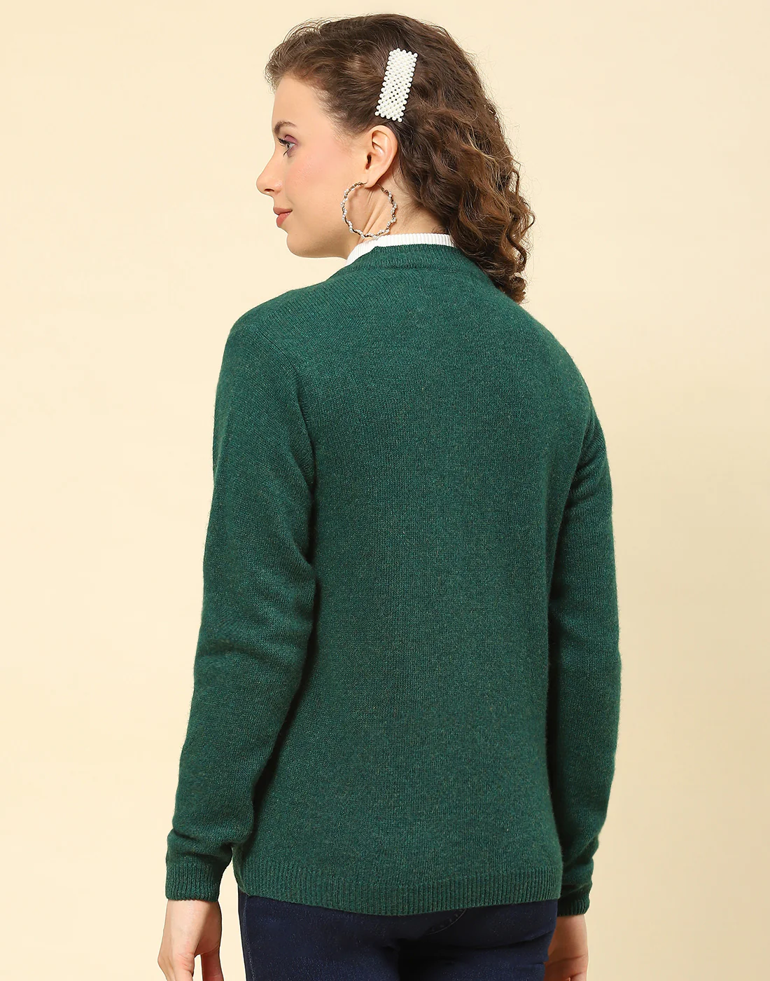 Women Green Solid V Neck Full Sleeve Cardigan - Image 5