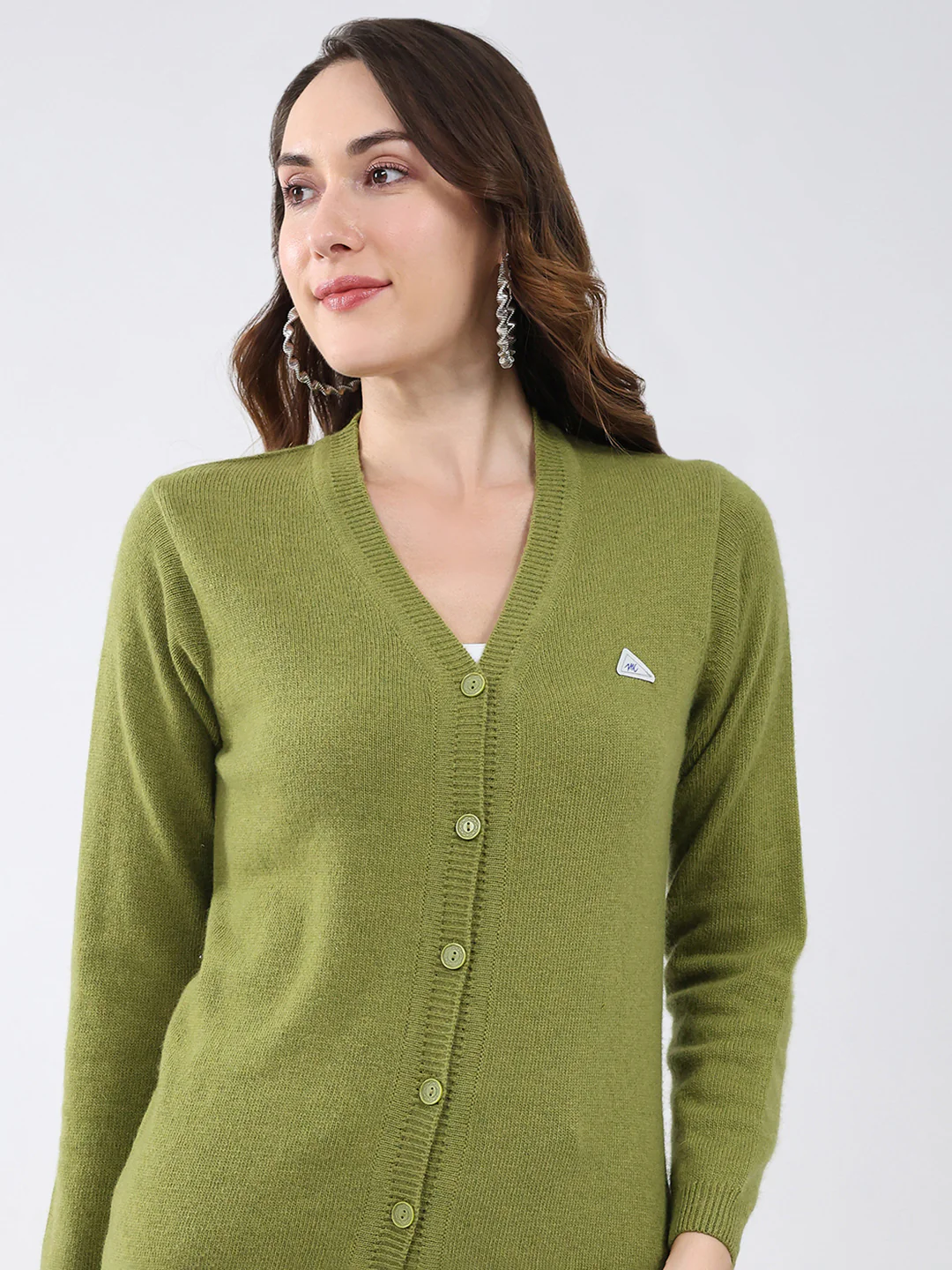 Women Green Solid V Neck Full Sleeve Cardigan - Image 7