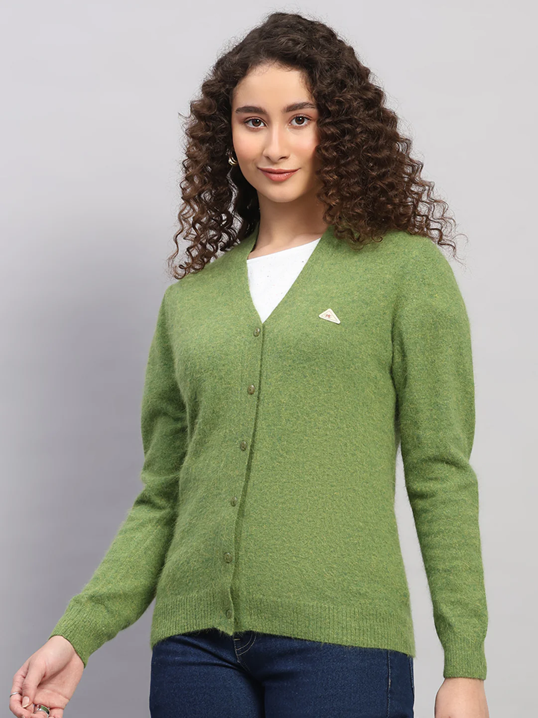 Women Green Solid V Neck Full Sleeve Cardigan - Image 3