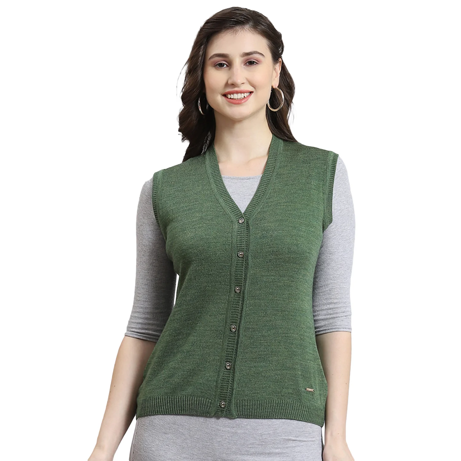 Women Green Solid V Neck Sleeveless Cardigan - Image 5