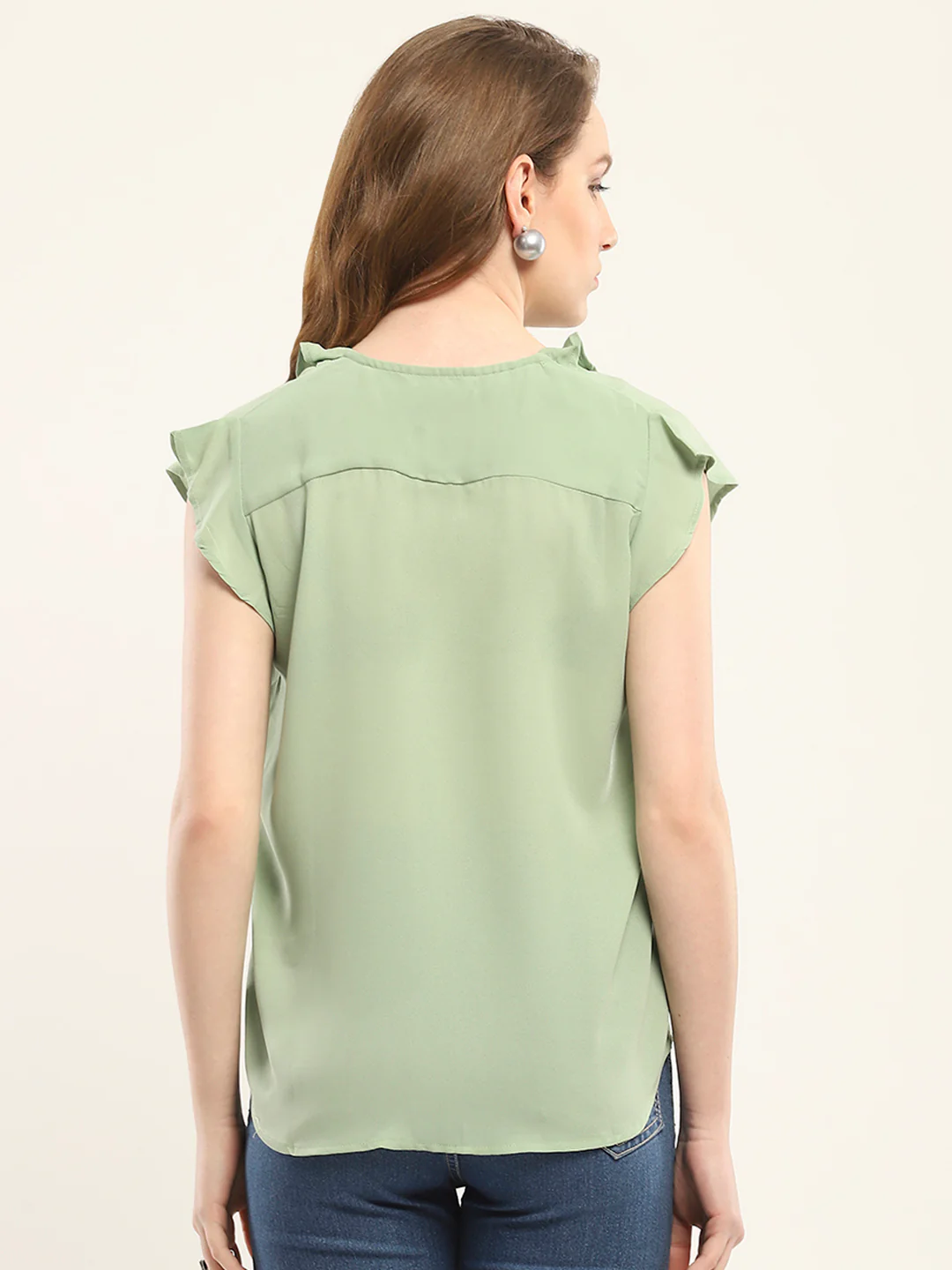 Women Green Solid V Neck Sleeveless Winte Top - Image 5
