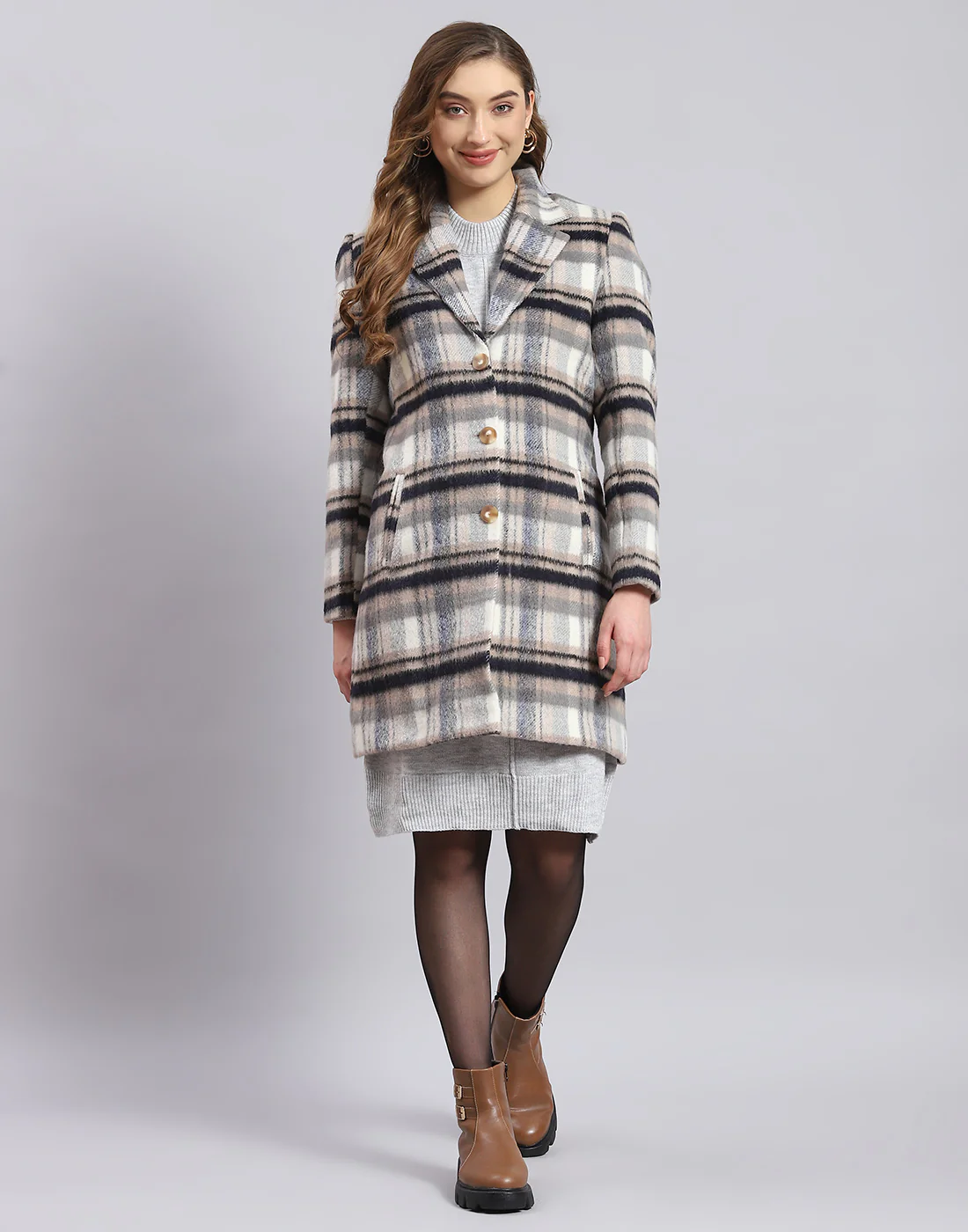 Women Grey Check Lapel Collar Full Sleeve Coat - Image 2