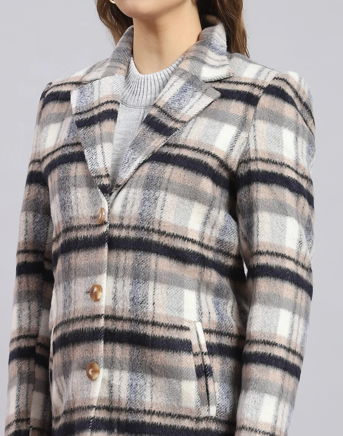 Women Grey Check Lapel Collar Full Sleeve Coat - Image 7