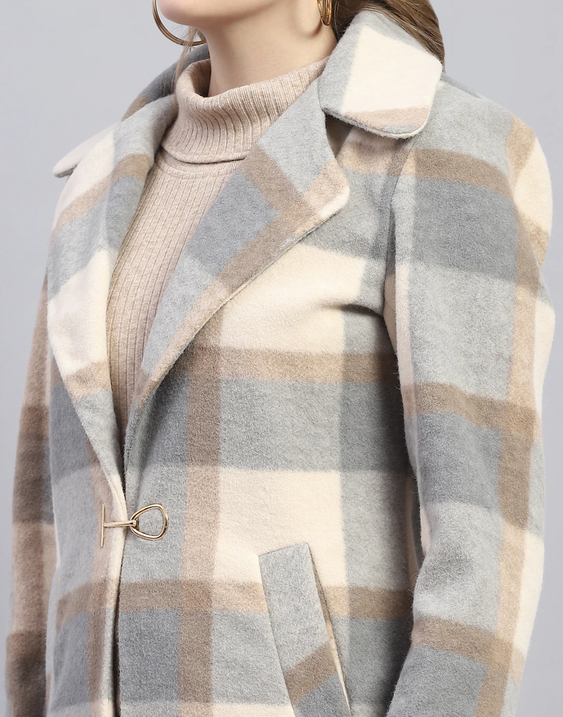 Women Grey Check Lapel Collar Full Sleeve Coat - Image 8
