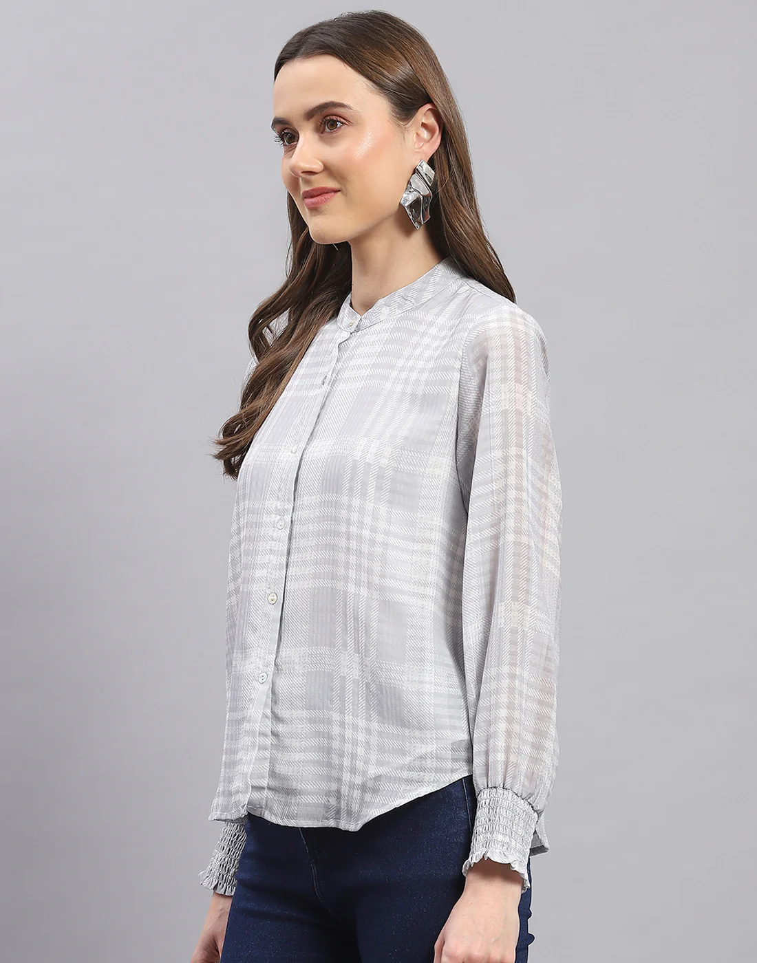 Women Grey Check Mandarin Collar Full Sleeve Top - Image 3
