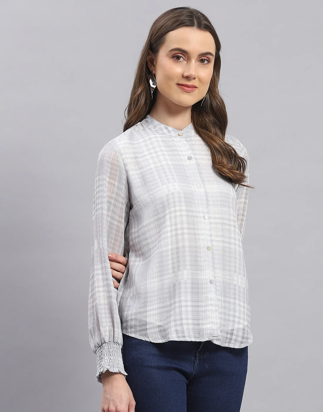 Women Grey Check Mandarin Collar Full Sleeve Top - Image 4