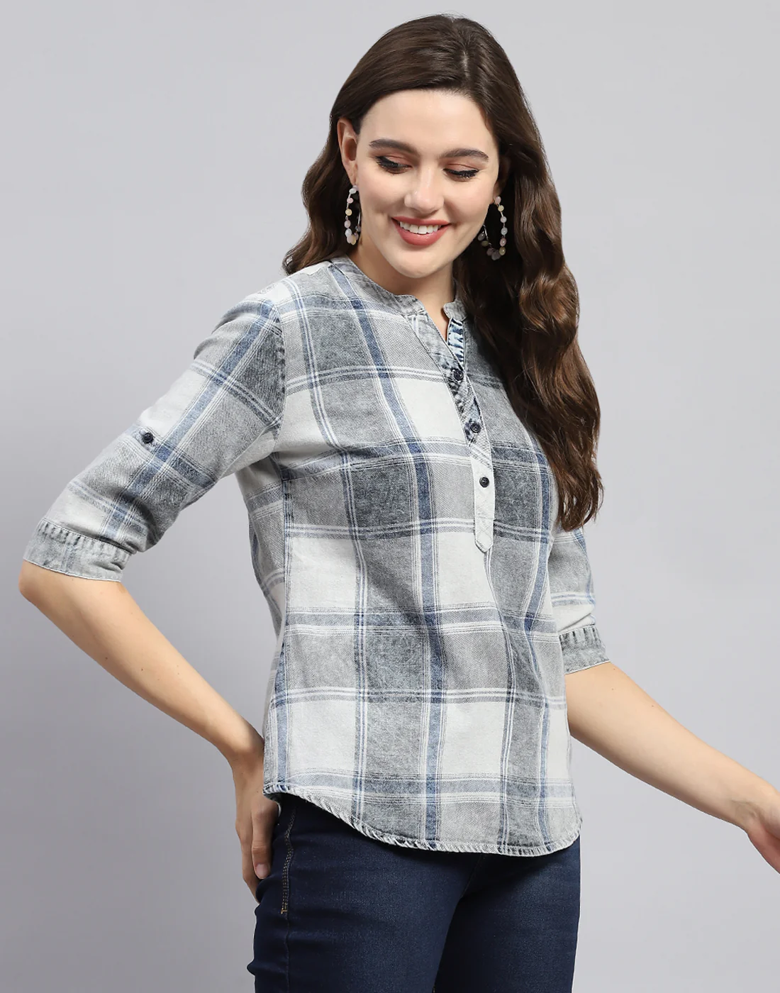 Women Grey Check Mandarin Neck Half Sleeve Top - Image 4