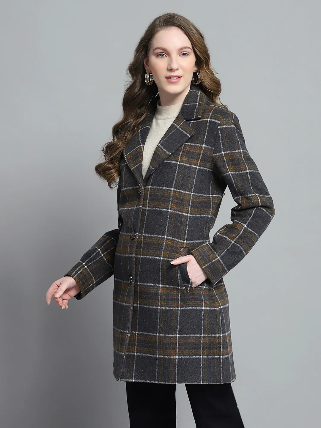 Women Grey Check Notch Lapel Collar Full Sleeve Coat - Image 3