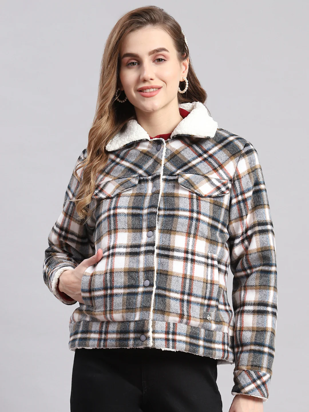 Women Grey Check Spread Collar Full Sleeve Jackets - Image 2