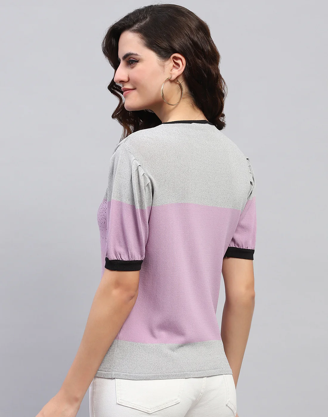Women Grey Colourblocked Round Neck Half Sleeve Top - Image 5