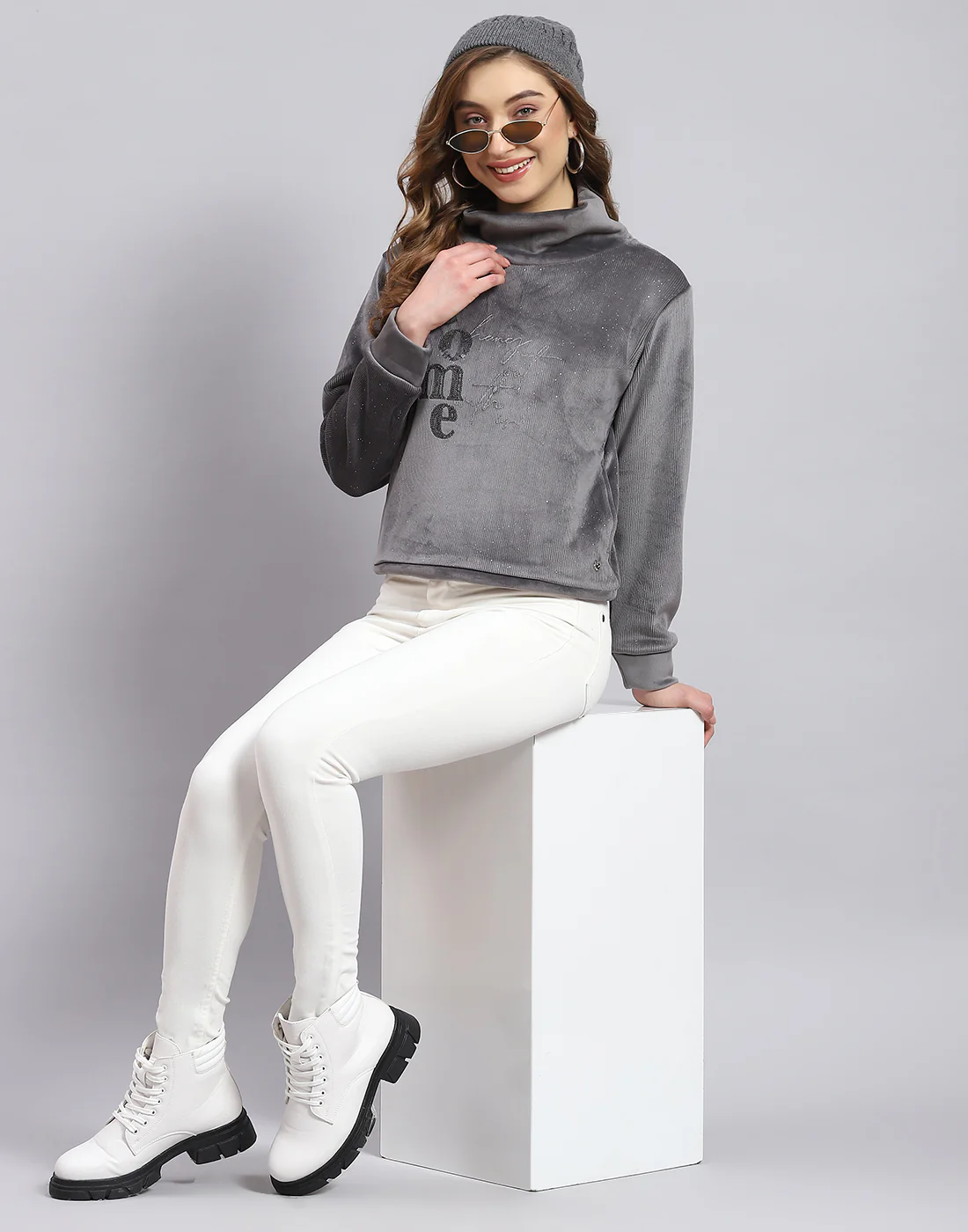 Women Grey Embroidered H Neck Full Sleeve Sweatshirt - Image 2