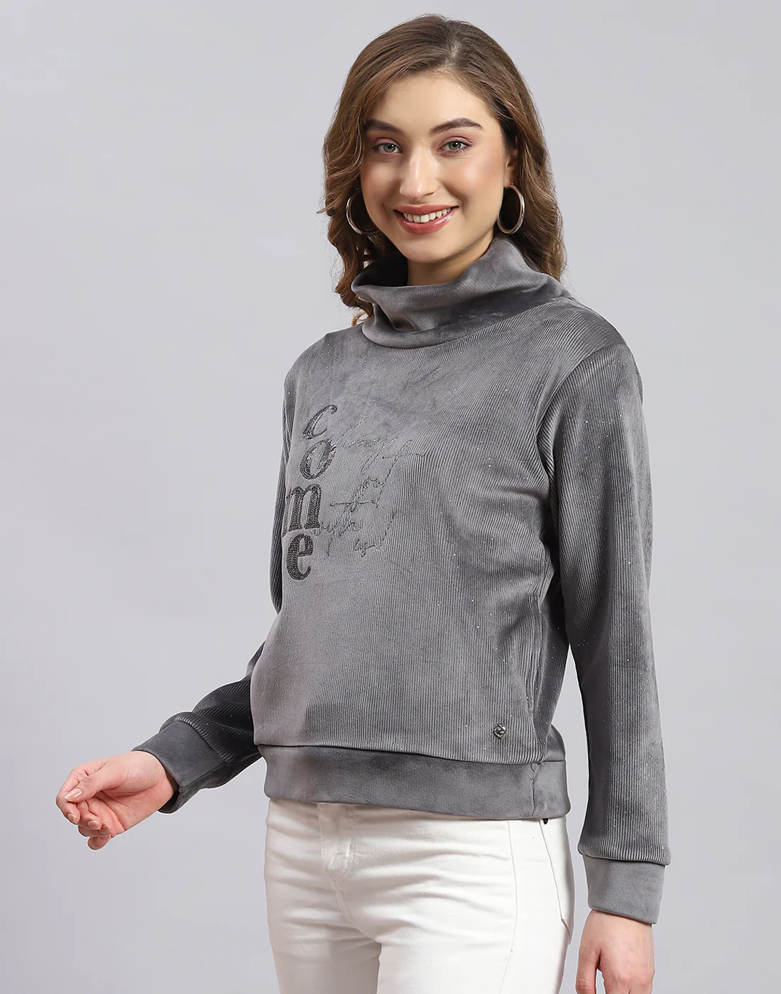 Women Grey Embroidered H Neck Full Sleeve Sweatshirt - Image 4