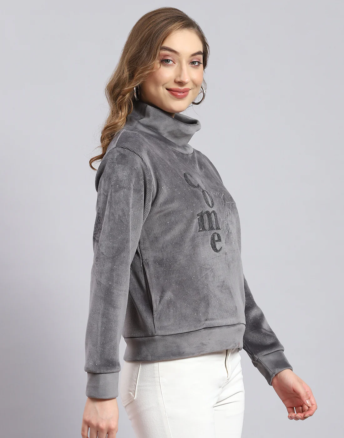 Women Grey Embroidered H Neck Full Sleeve Sweatshirt - Image 5