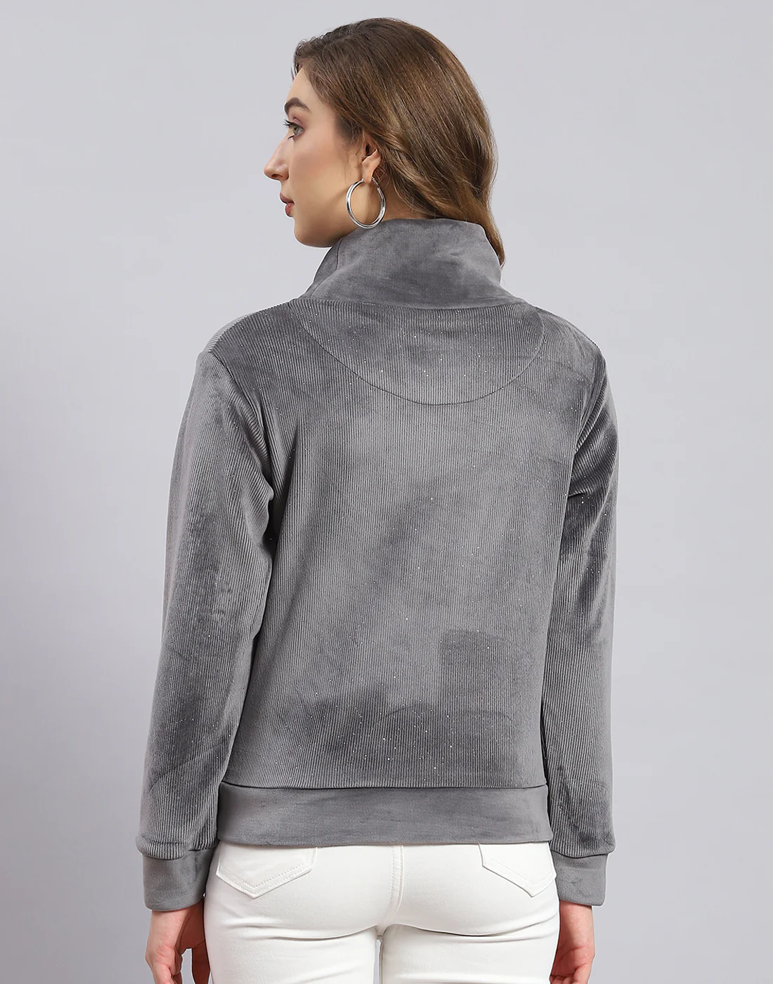 Women Grey Embroidered H Neck Full Sleeve Sweatshirt - Image 6