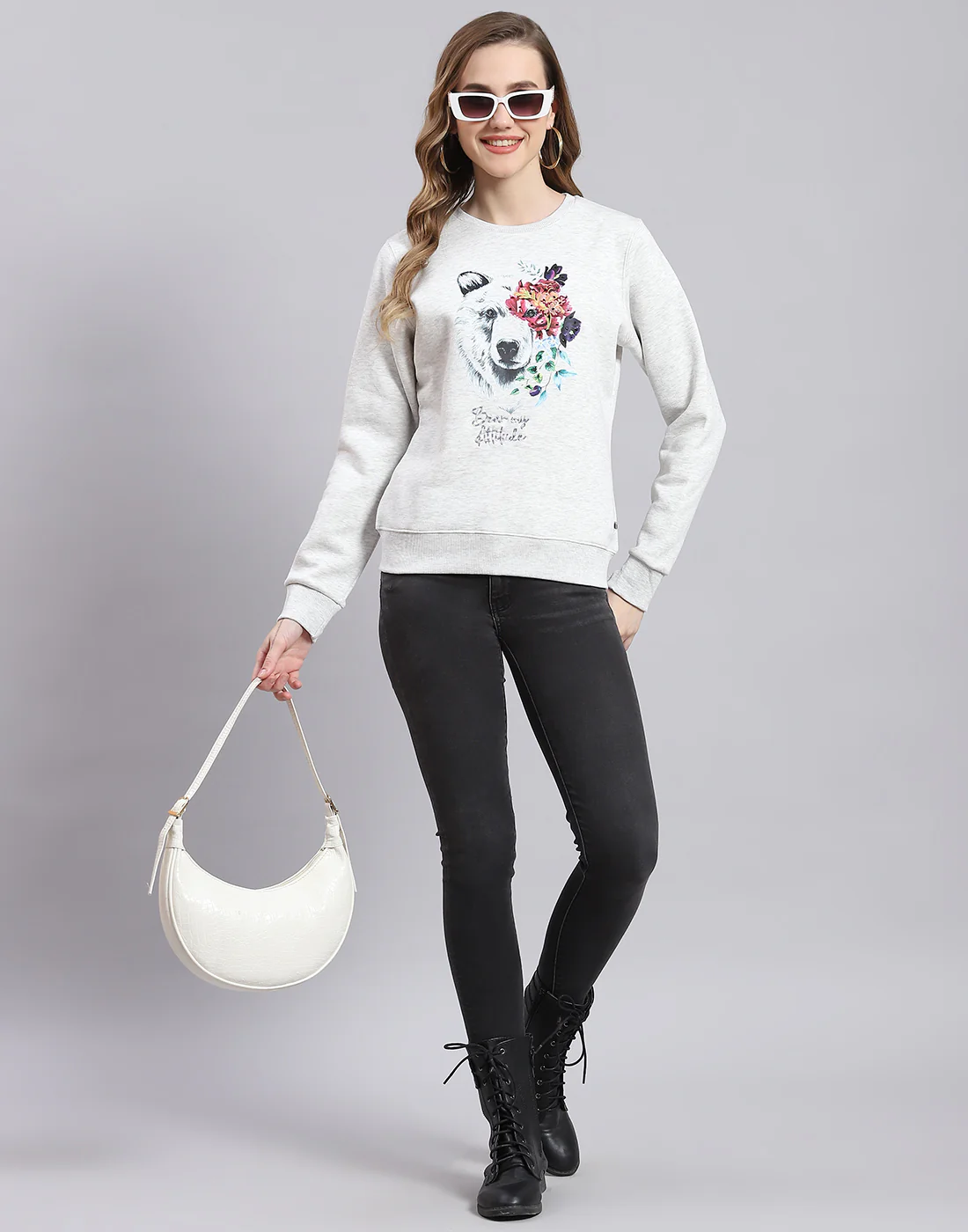 Women Grey Embroidered Round Neck Full Sleeve Sweatshirt - Image 2
