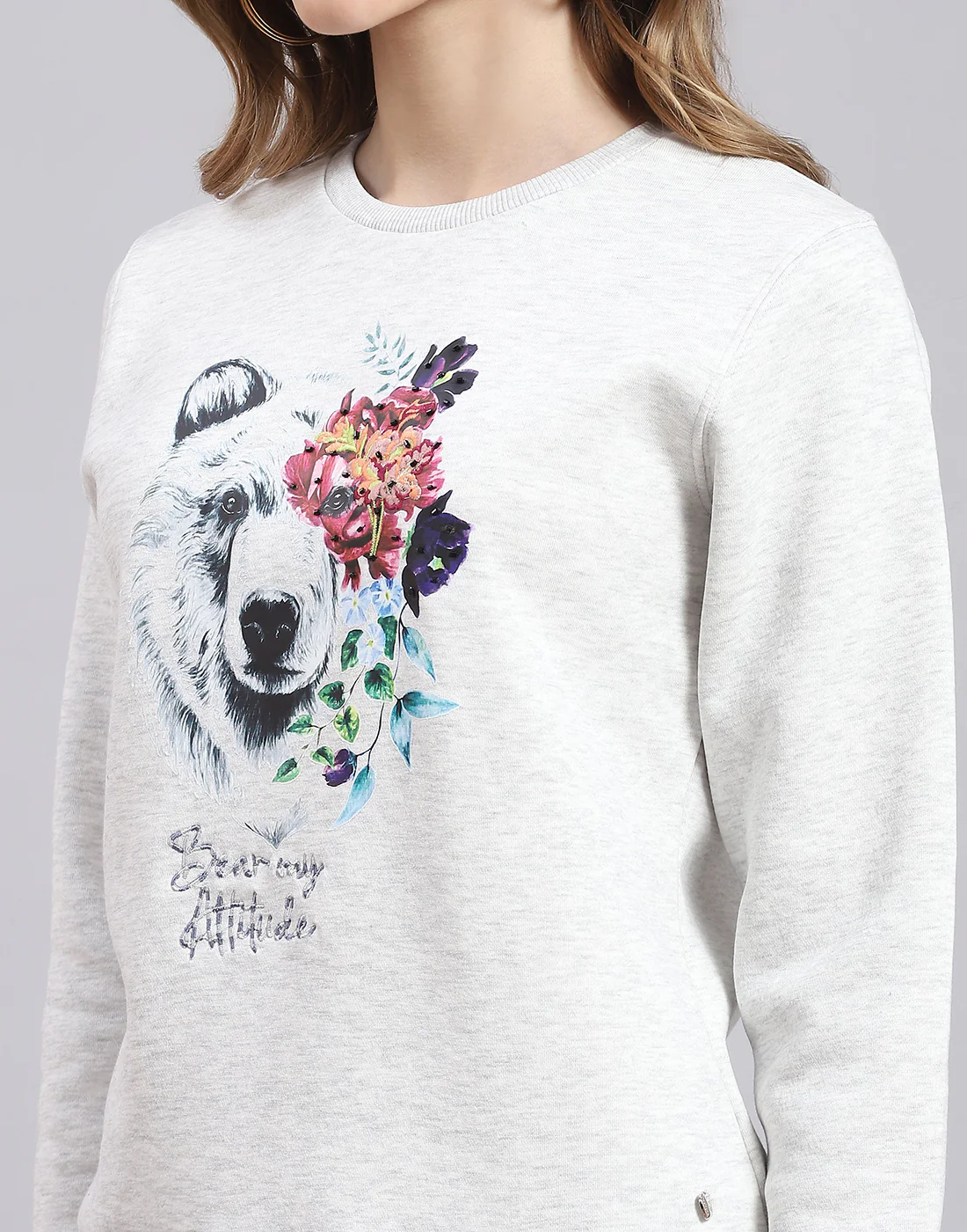 Women Grey Embroidered Round Neck Full Sleeve Sweatshirt - Image 6