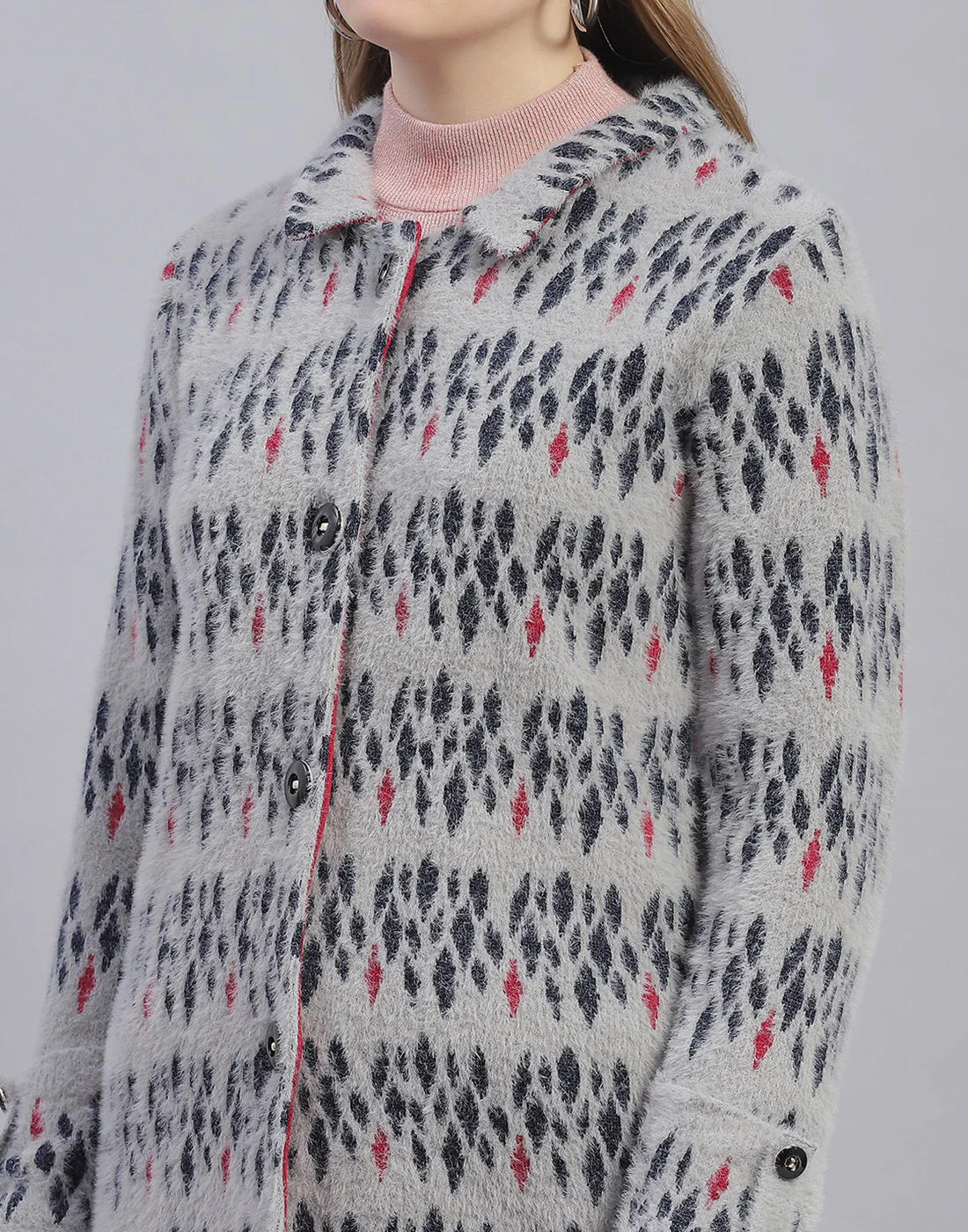Women Grey Jaquard Collar Full Sleeve Coat - Image 7