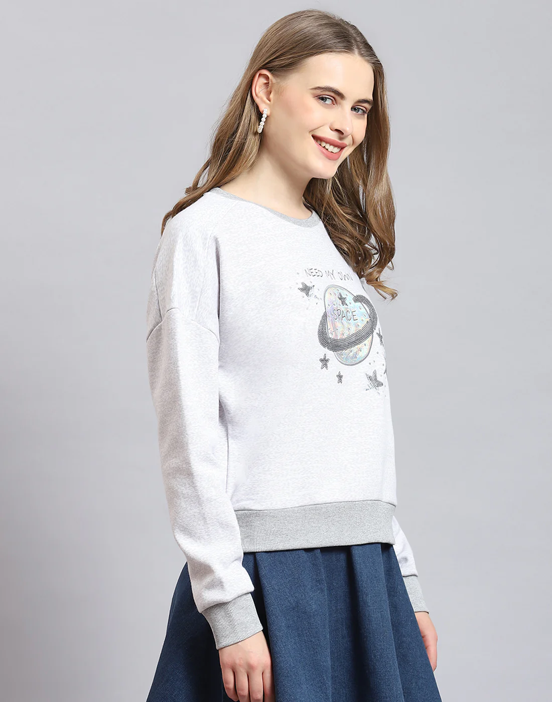 Women Grey Melange Embellished Round Neck Full Sleeve Sweatshirt - Image 5