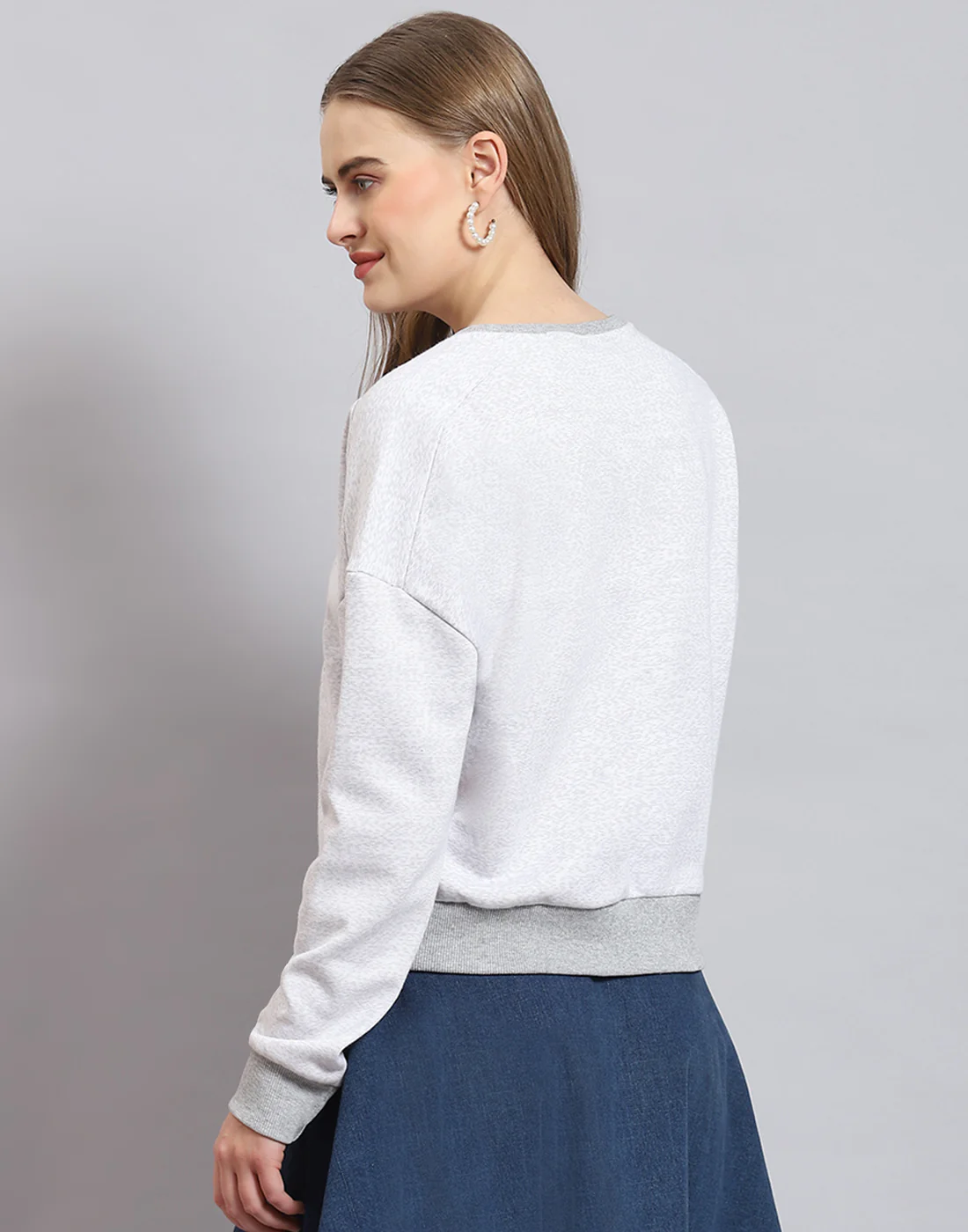 Women Grey Melange Embellished Round Neck Full Sleeve Sweatshirt - Image 6