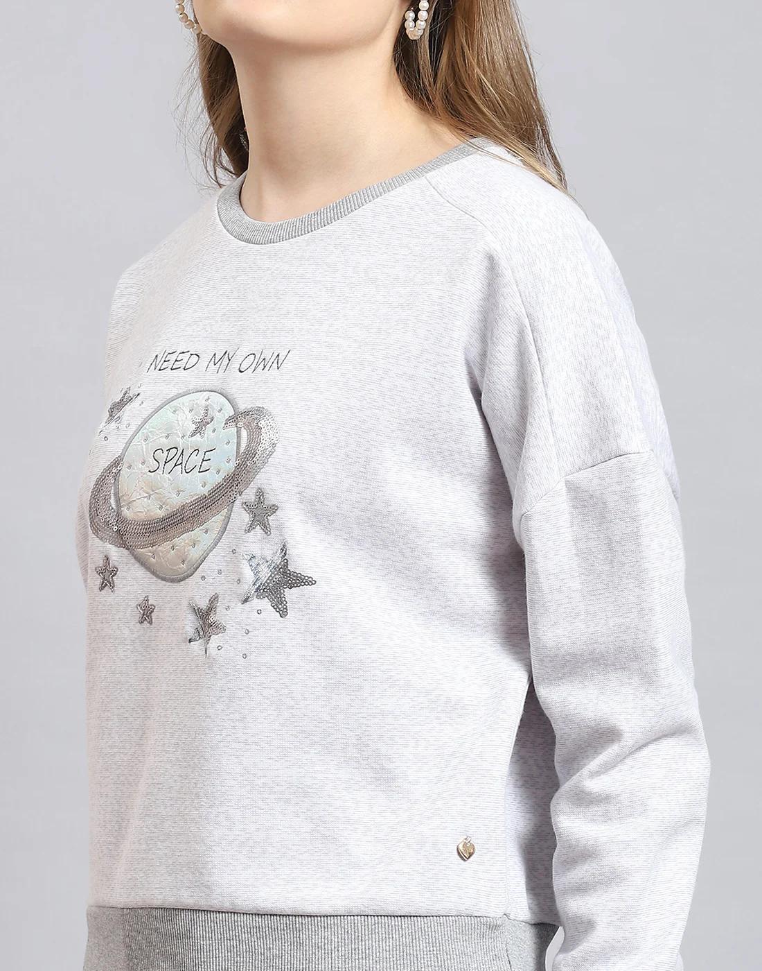 Women Grey Melange Embellished Round Neck Full Sleeve Sweatshirt - Image 7