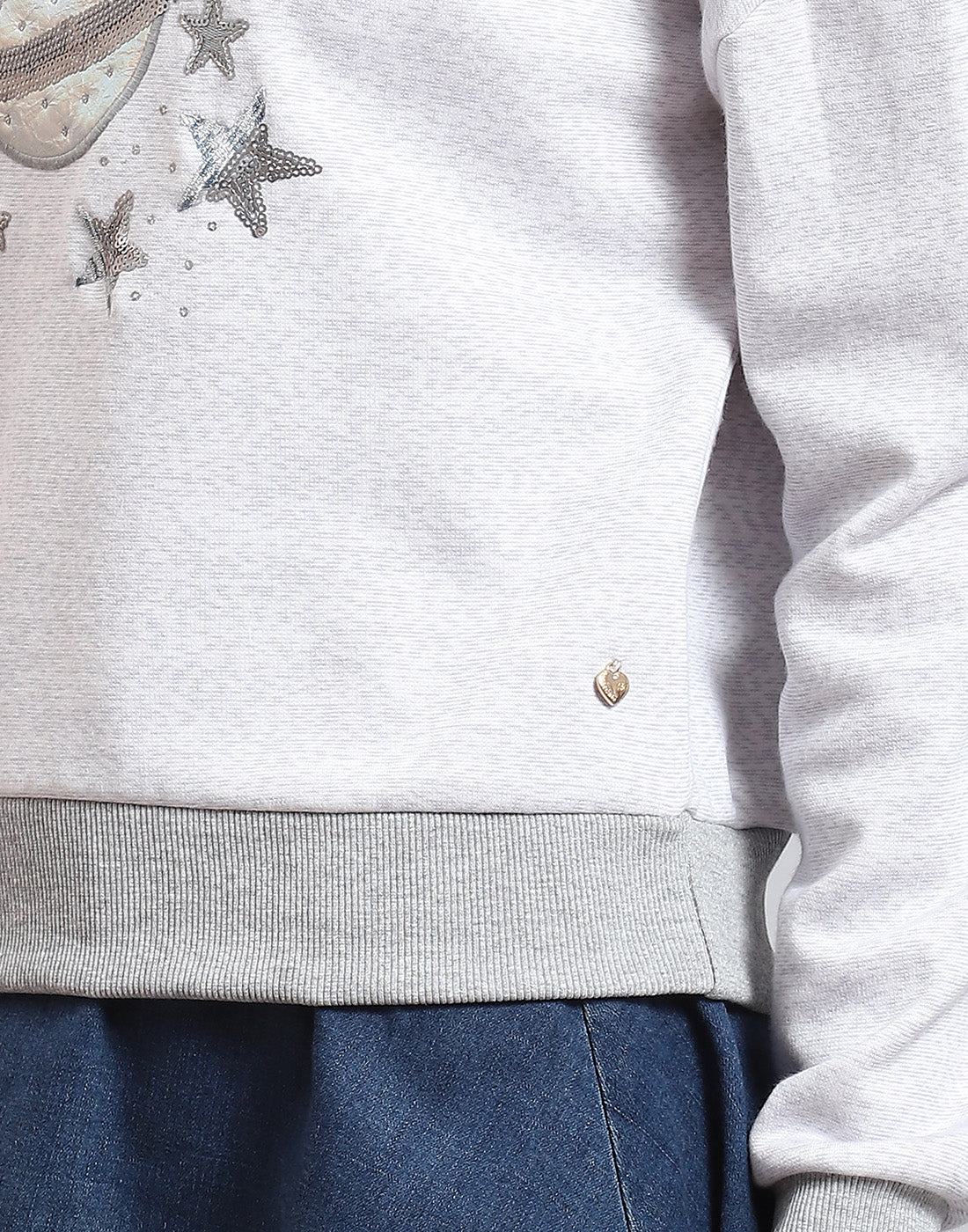 Women Grey Melange Embellished Round Neck Full Sleeve Sweatshirt - Image 8