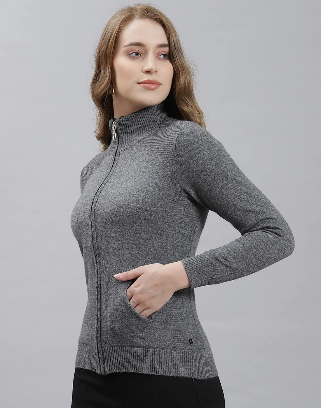 Women Grey Melange Solid Stand Collar Full Sleeve Cardigan - Image 3