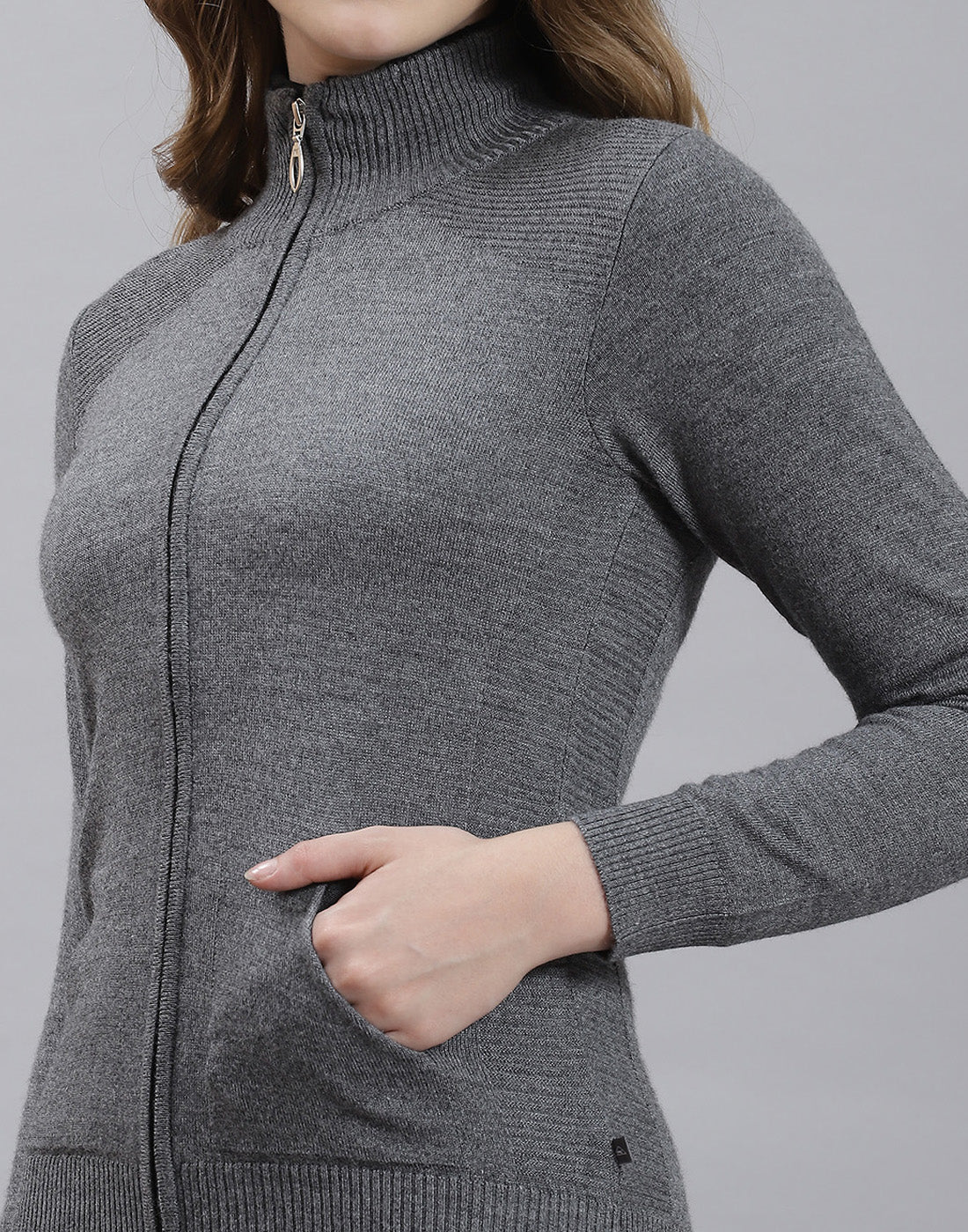 Women Grey Melange Solid Stand Collar Full Sleeve Cardigan - Image 6
