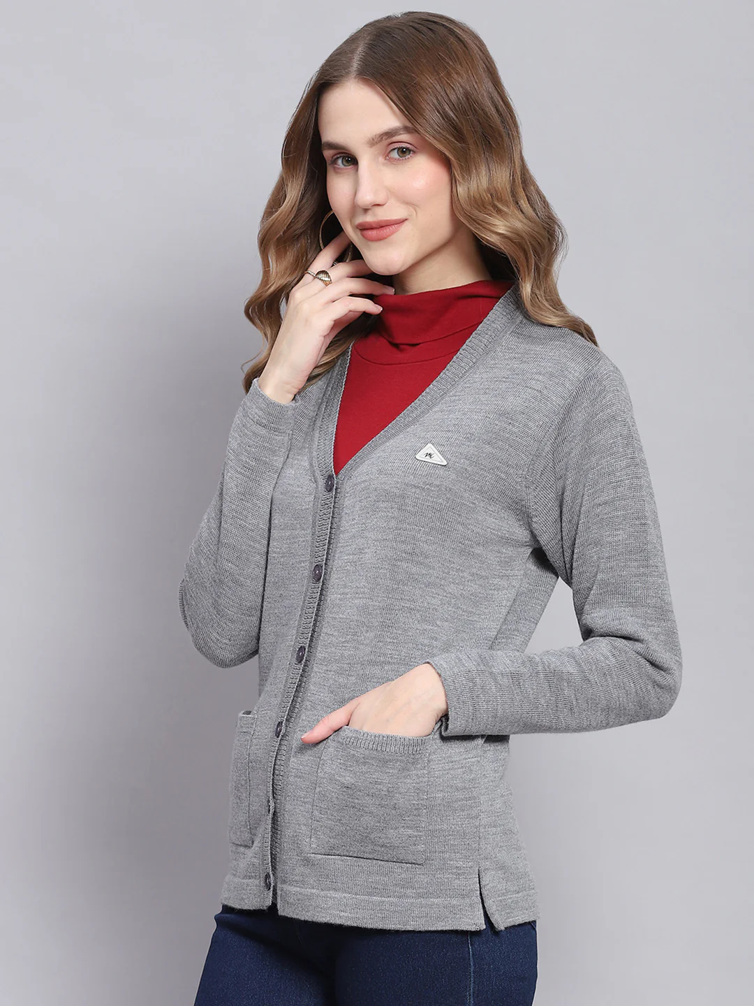 Women Grey Melange Solid V Neck Full Sleeve Cardigans - Image 3