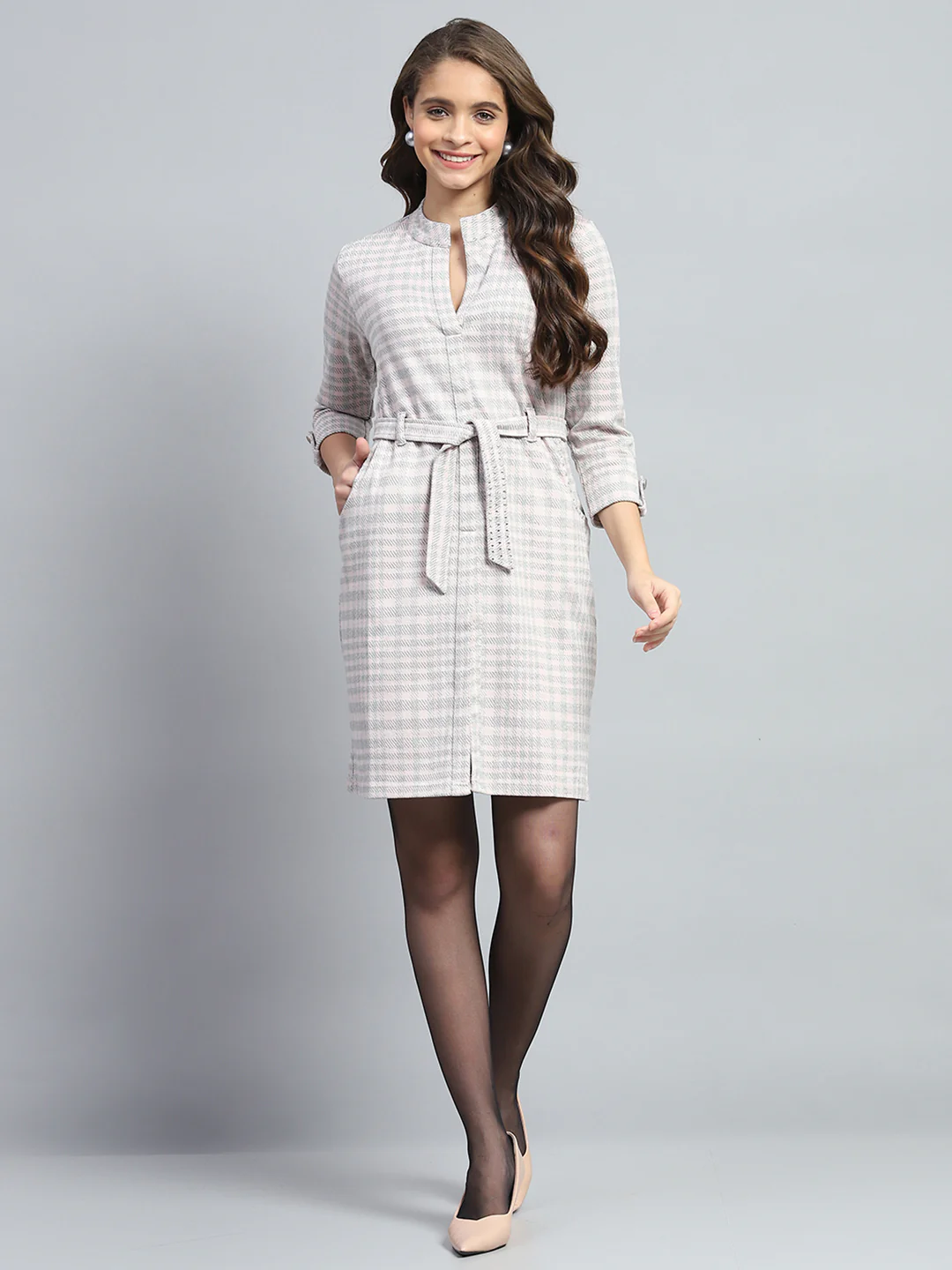 Women Grey & Pink Stripe Round Neck 3/4th Sleeve Dress - Image 2