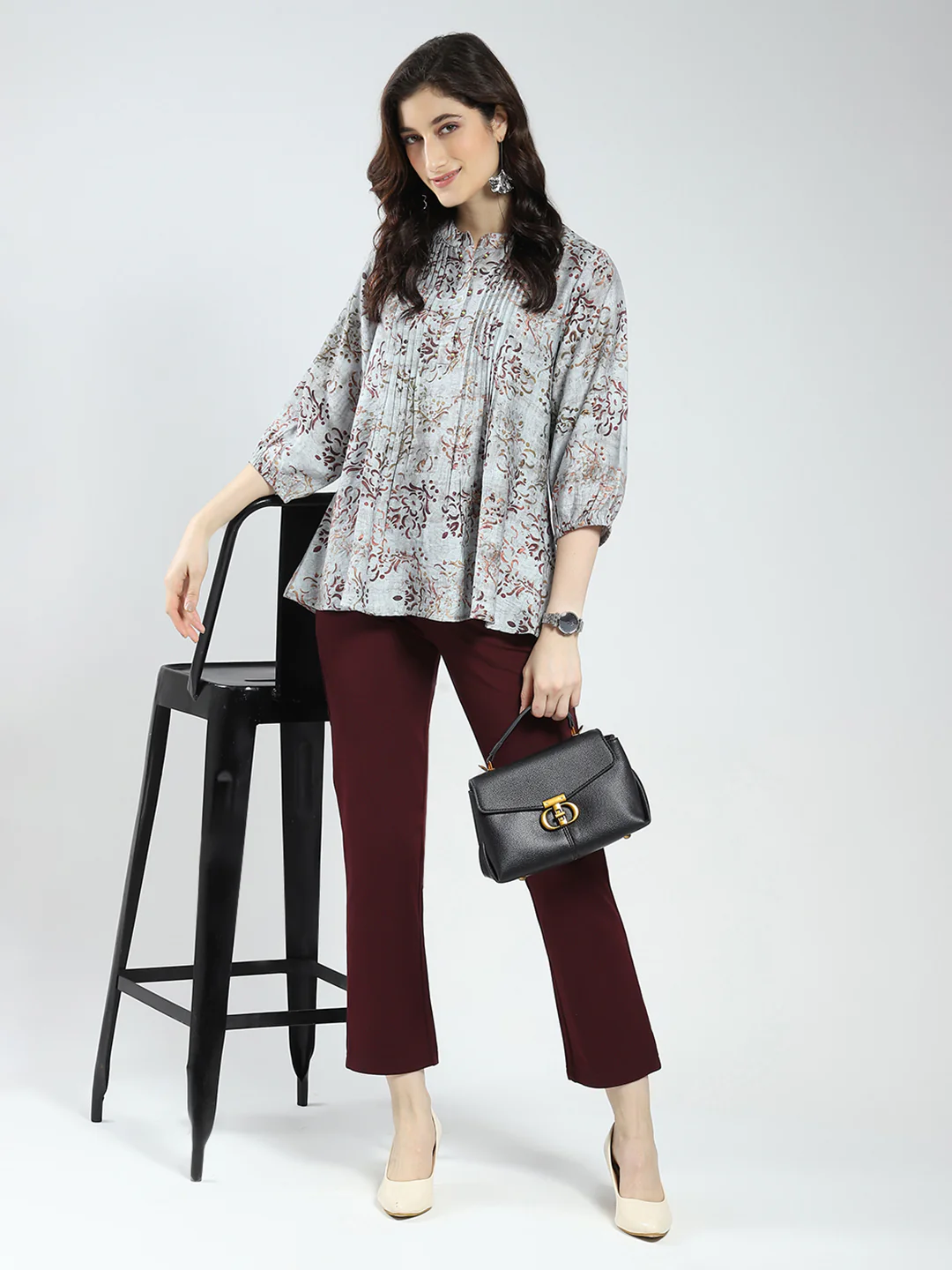 Women Grey Printed Band Neck 3/4th Sleeve Top - Image 2