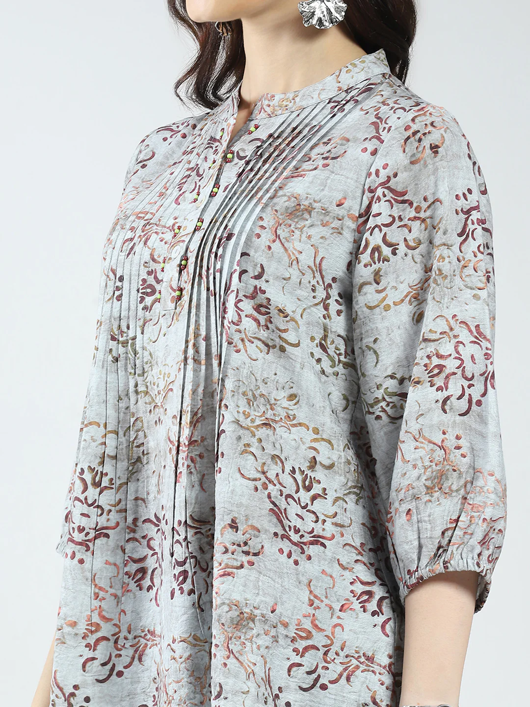 Women Grey Printed Band Neck 3/4th Sleeve Top - Image 6