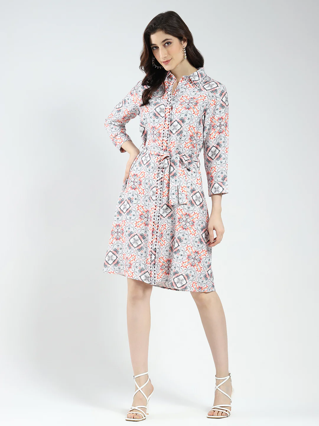 Women Grey Printed Collar 3/4th Sleeve Tunic - Image 2